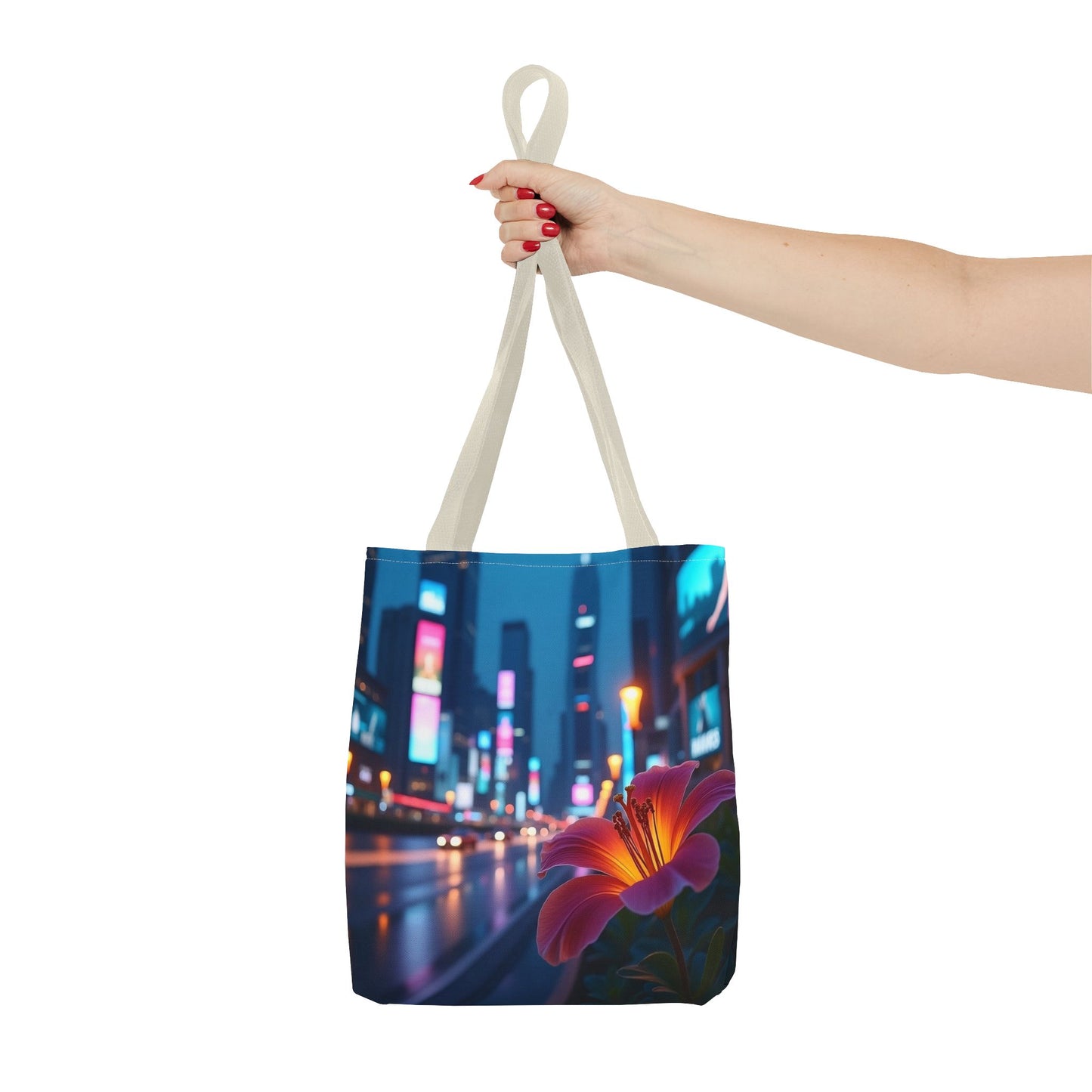 AI-Generated Flower in Neon Cityscape Tote Bag