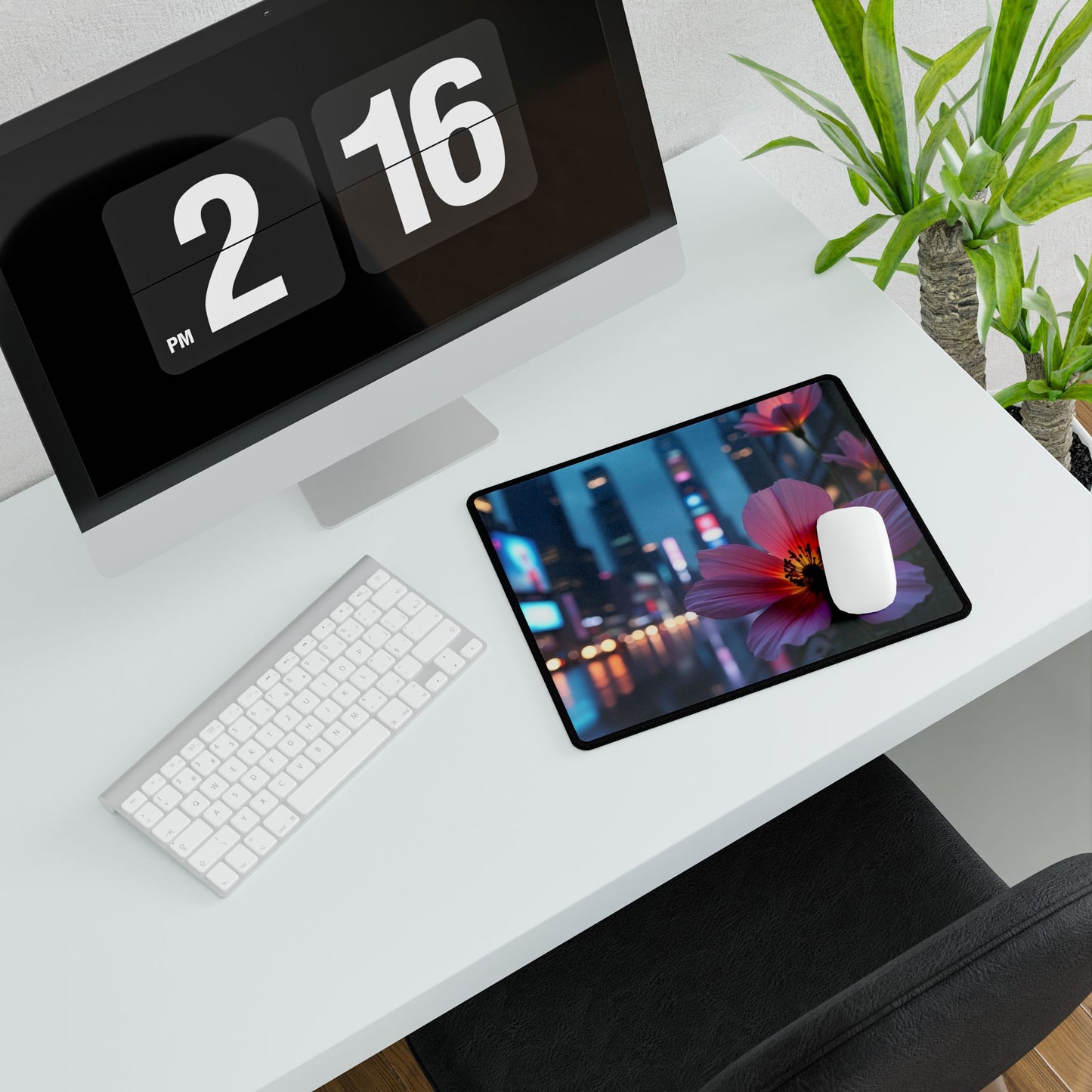 Desk Mat - AI-Generated Vivid Flower in Neon Cityscape