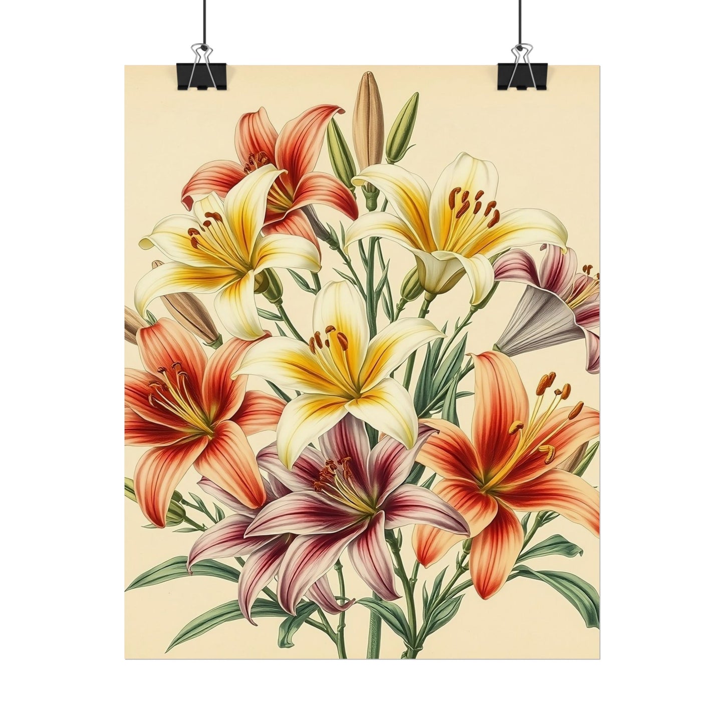 Poster Print - Vintage Red Yellow Orange Lilies