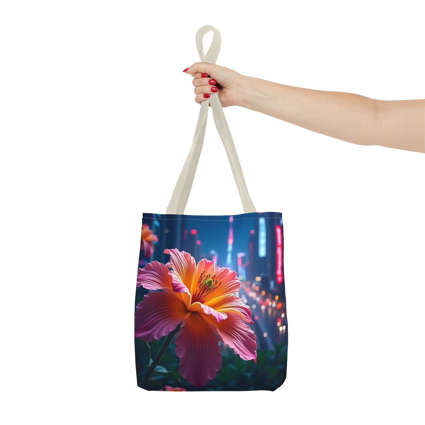 AI-Generated Flower in Neon Cityscape Tote Bag