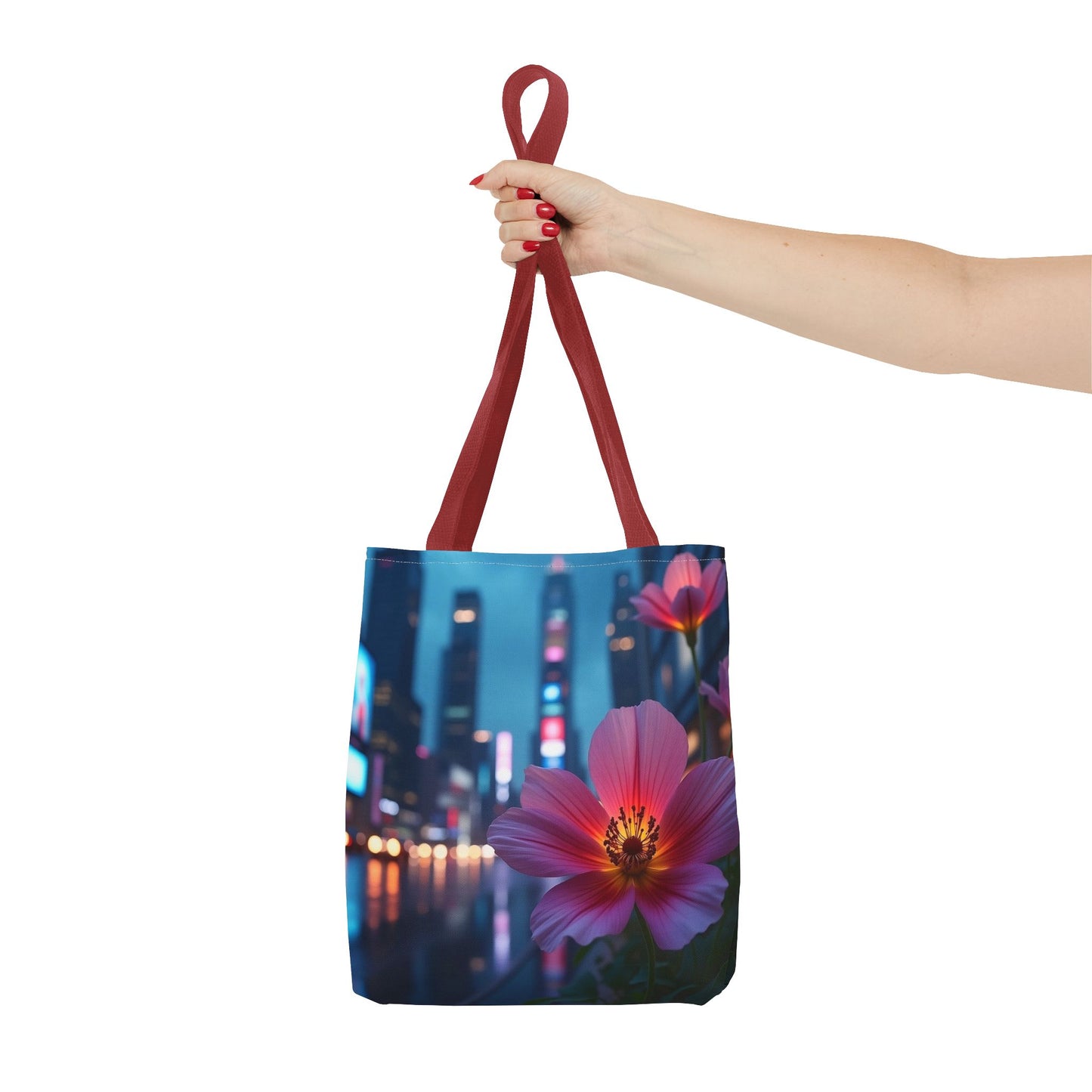 AI-Generated Flower in Neon Cityscape Tote Bag