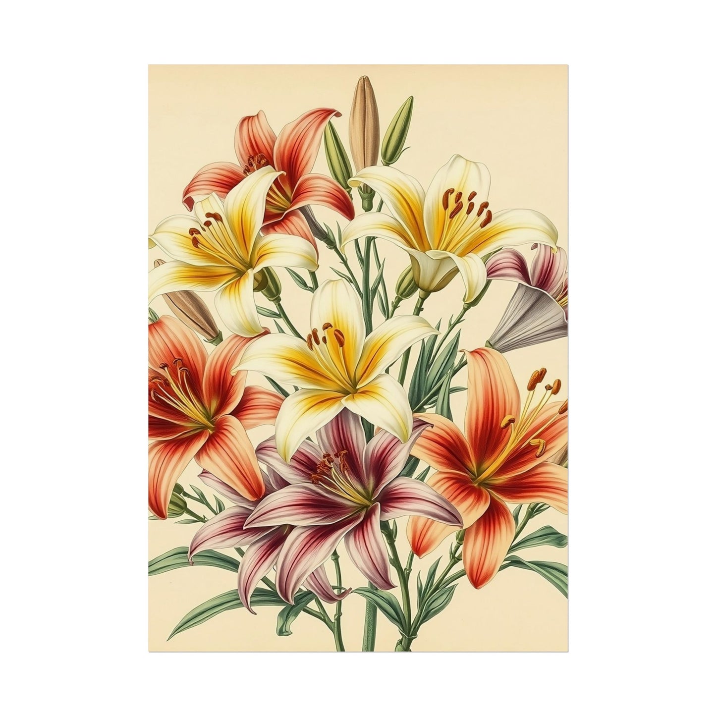 Poster Print - Vintage Red Yellow Orange Lilies