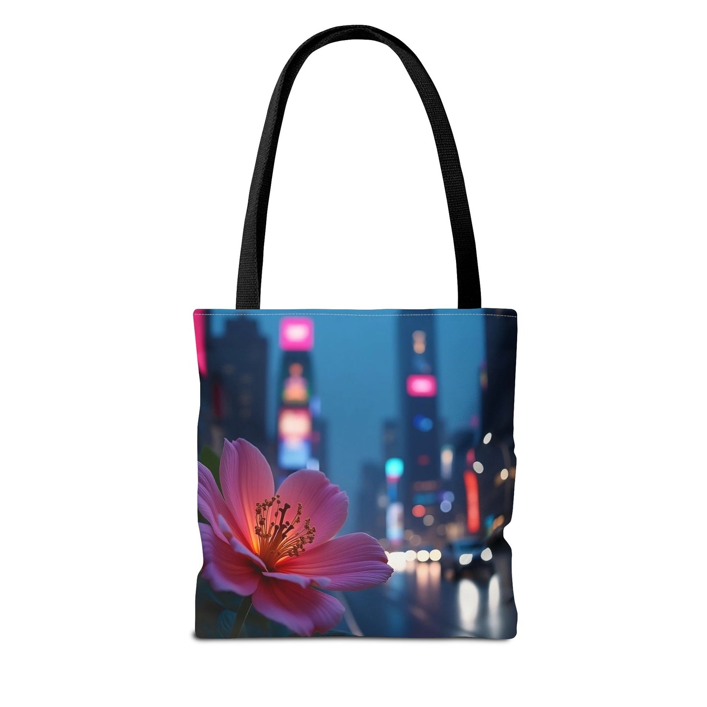 AI-Generated Flower in Neon Cityscape Tote Bag