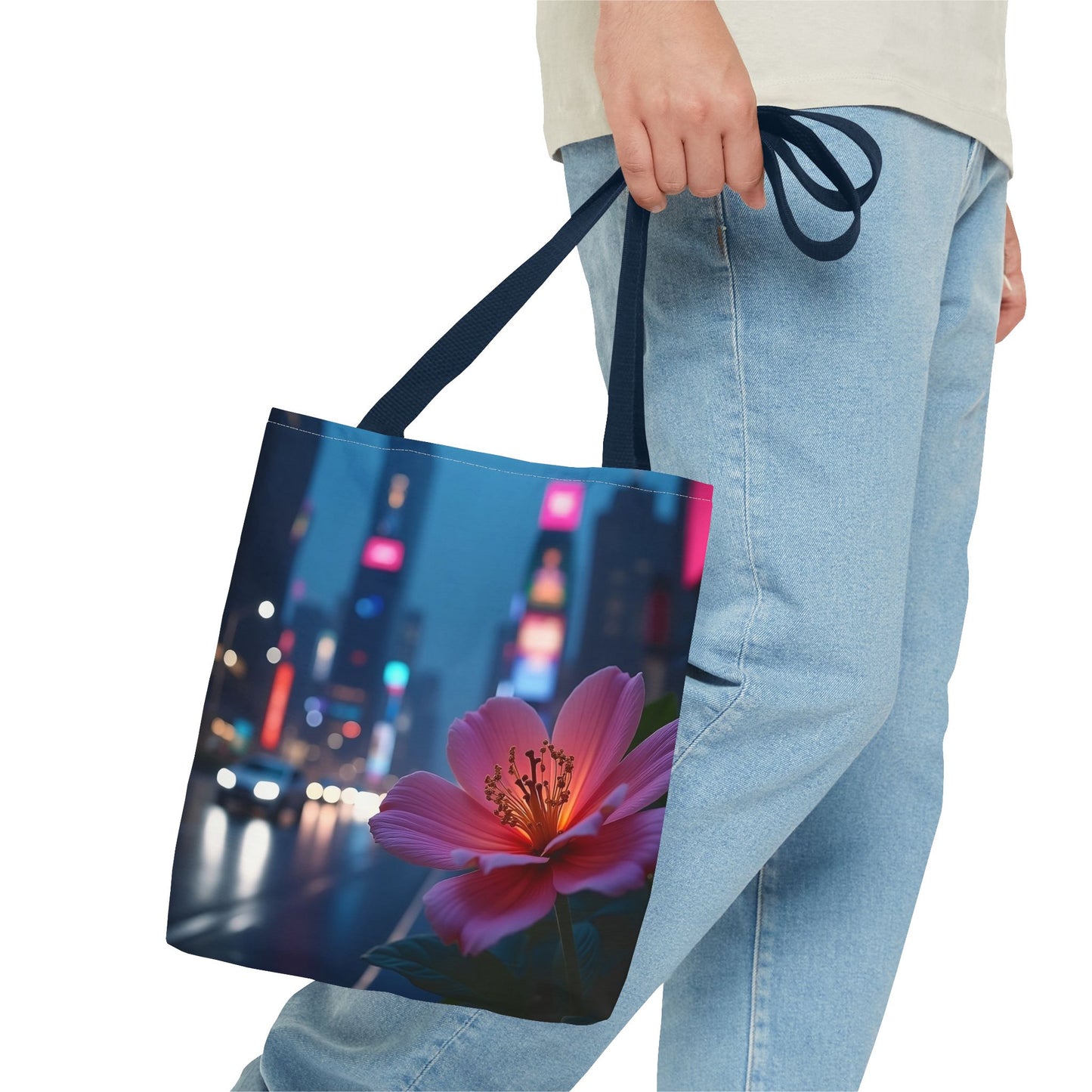 AI-Generated Flower in Neon Cityscape Tote Bag