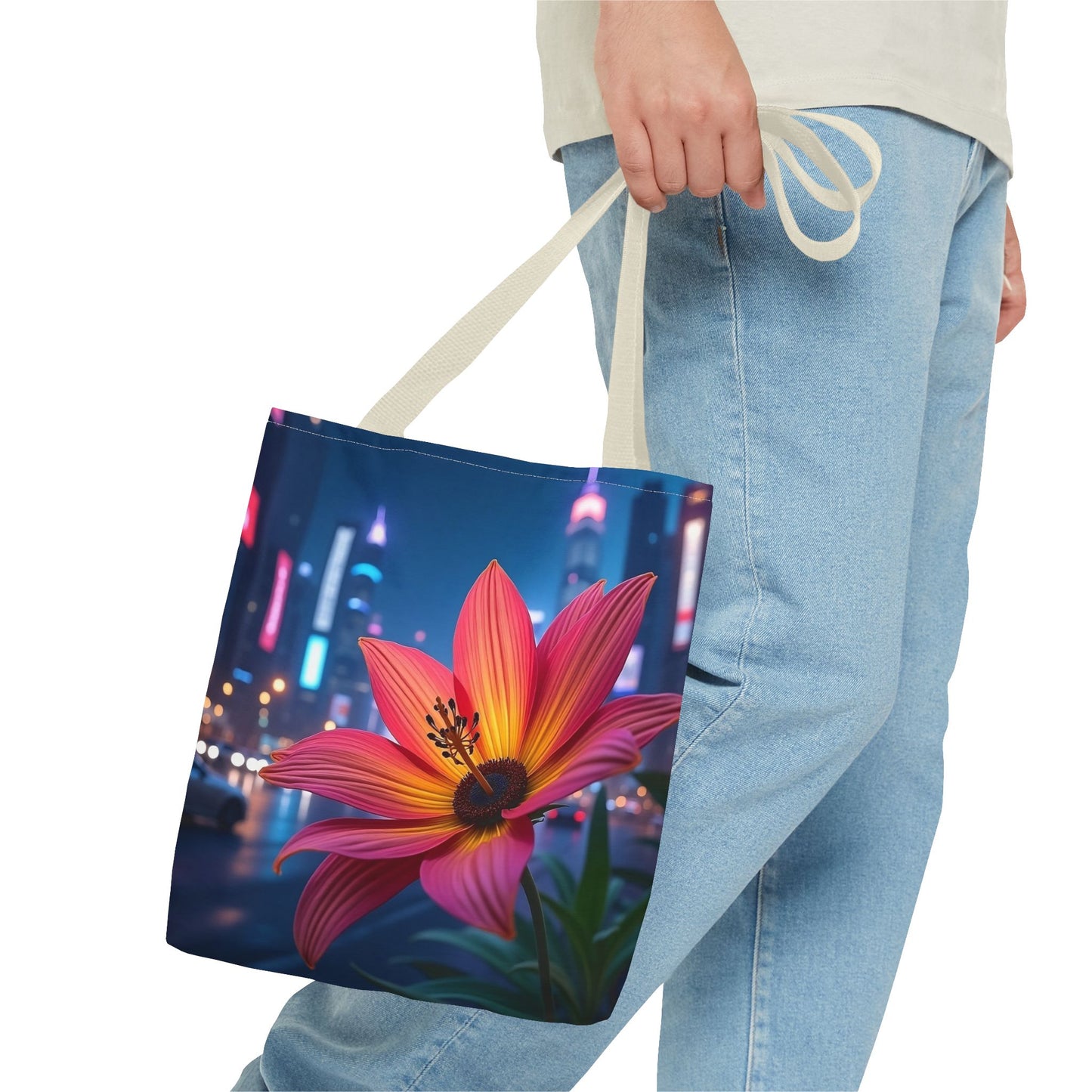 AI-Generated Flower in Neon Cityscape Tote Bag
