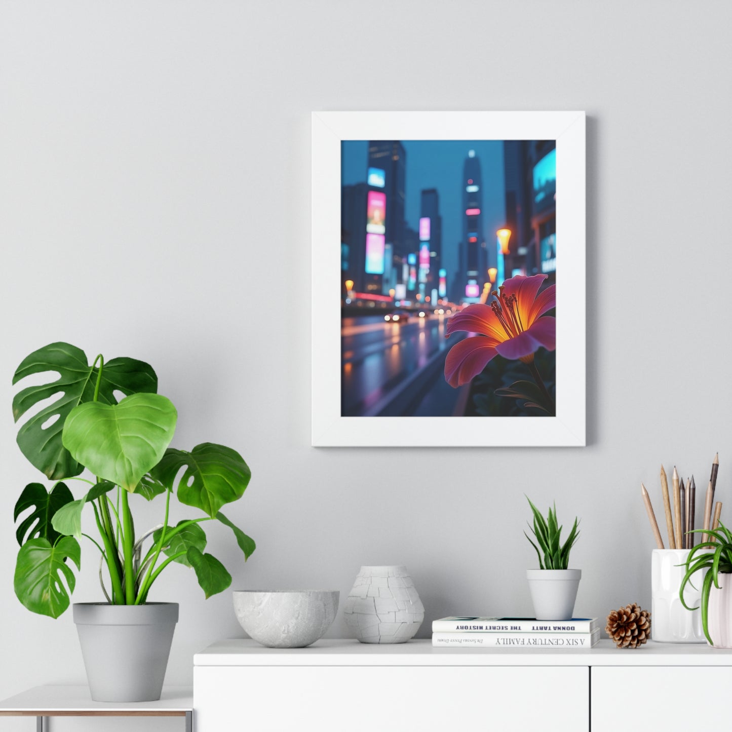 Framed Poster - AI-Generated Vivid Flower and Neon Cityscape Design