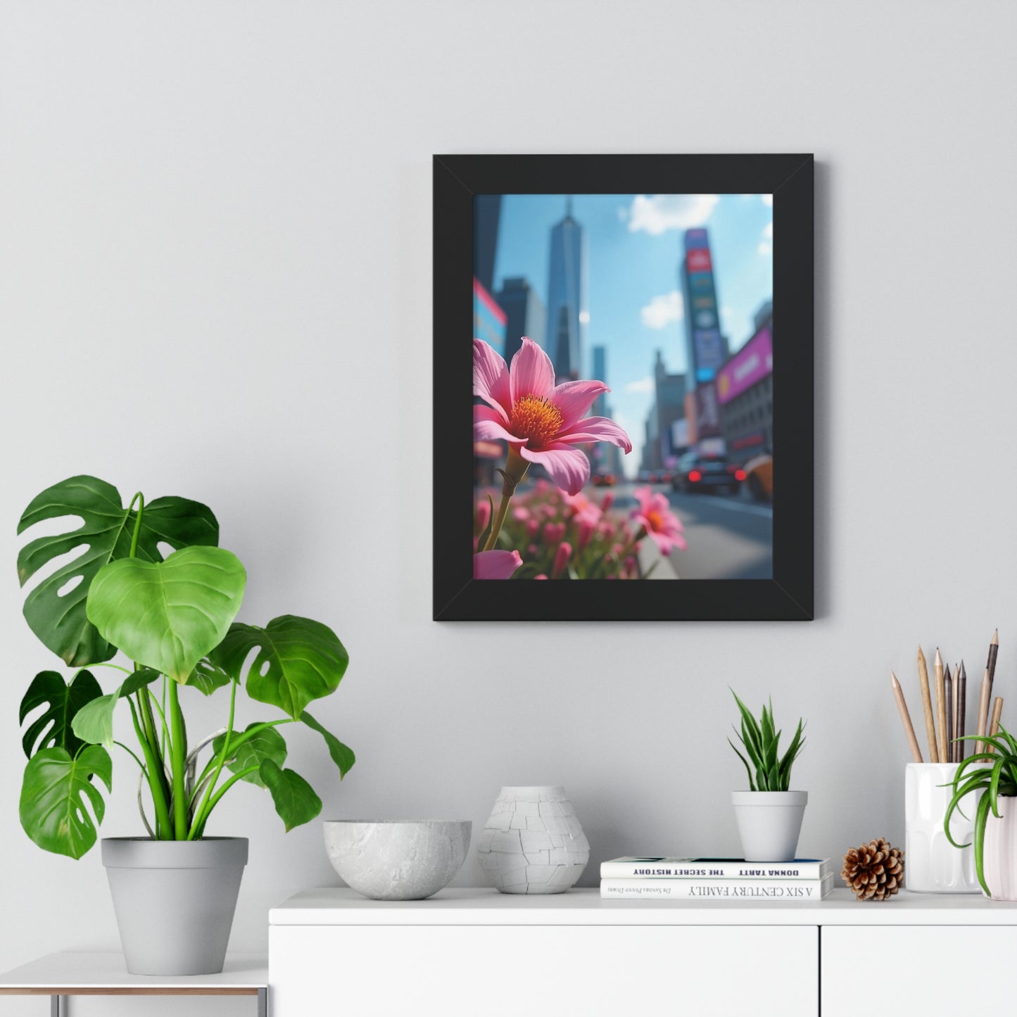 Framed Poster - AI-Generated Vivid Flower and Cityscape Design