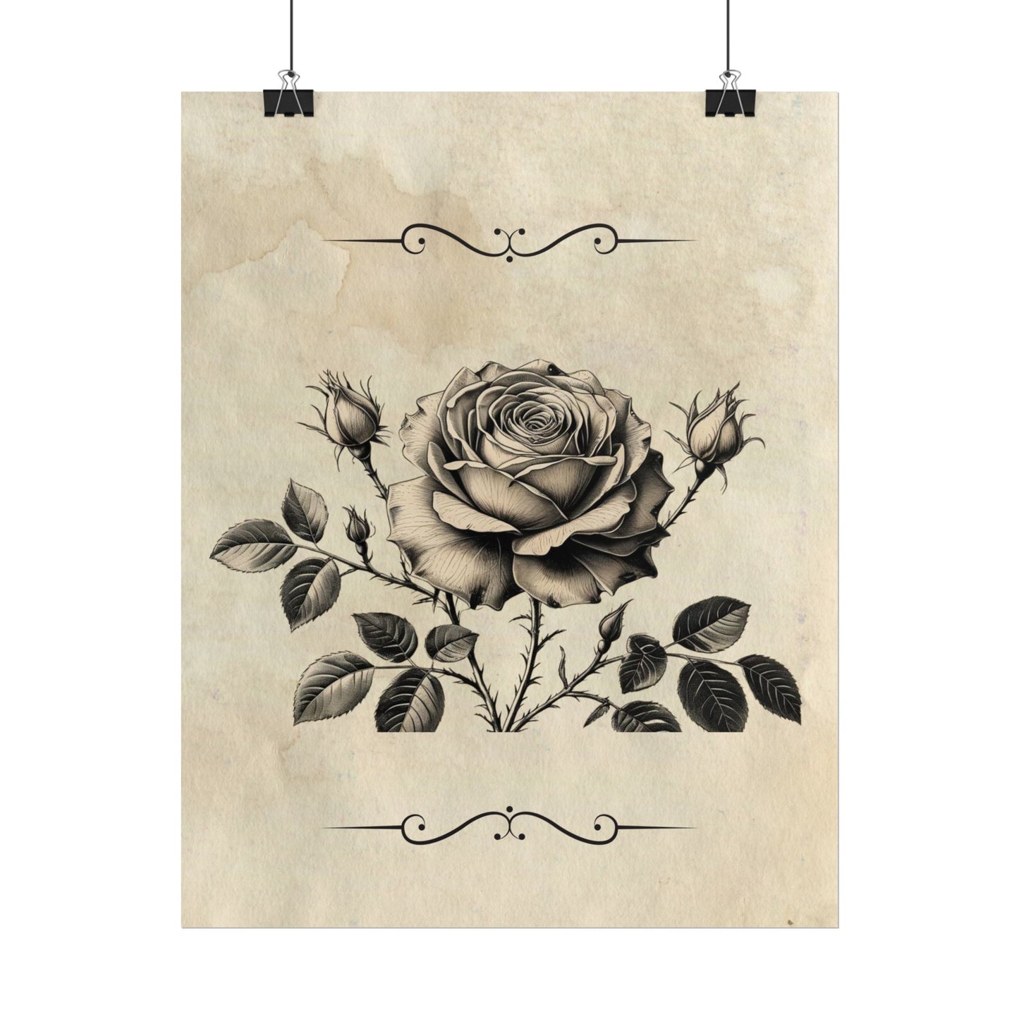 Poster Print - Vintage Black and Grey Rose Design