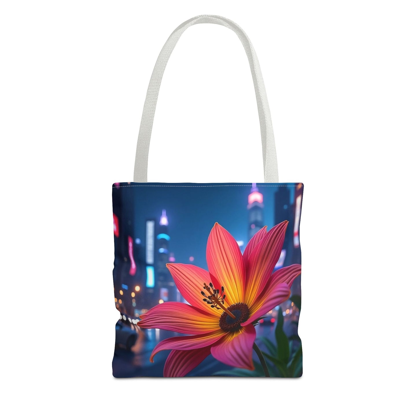 AI-Generated Flower in Neon Cityscape Tote Bag