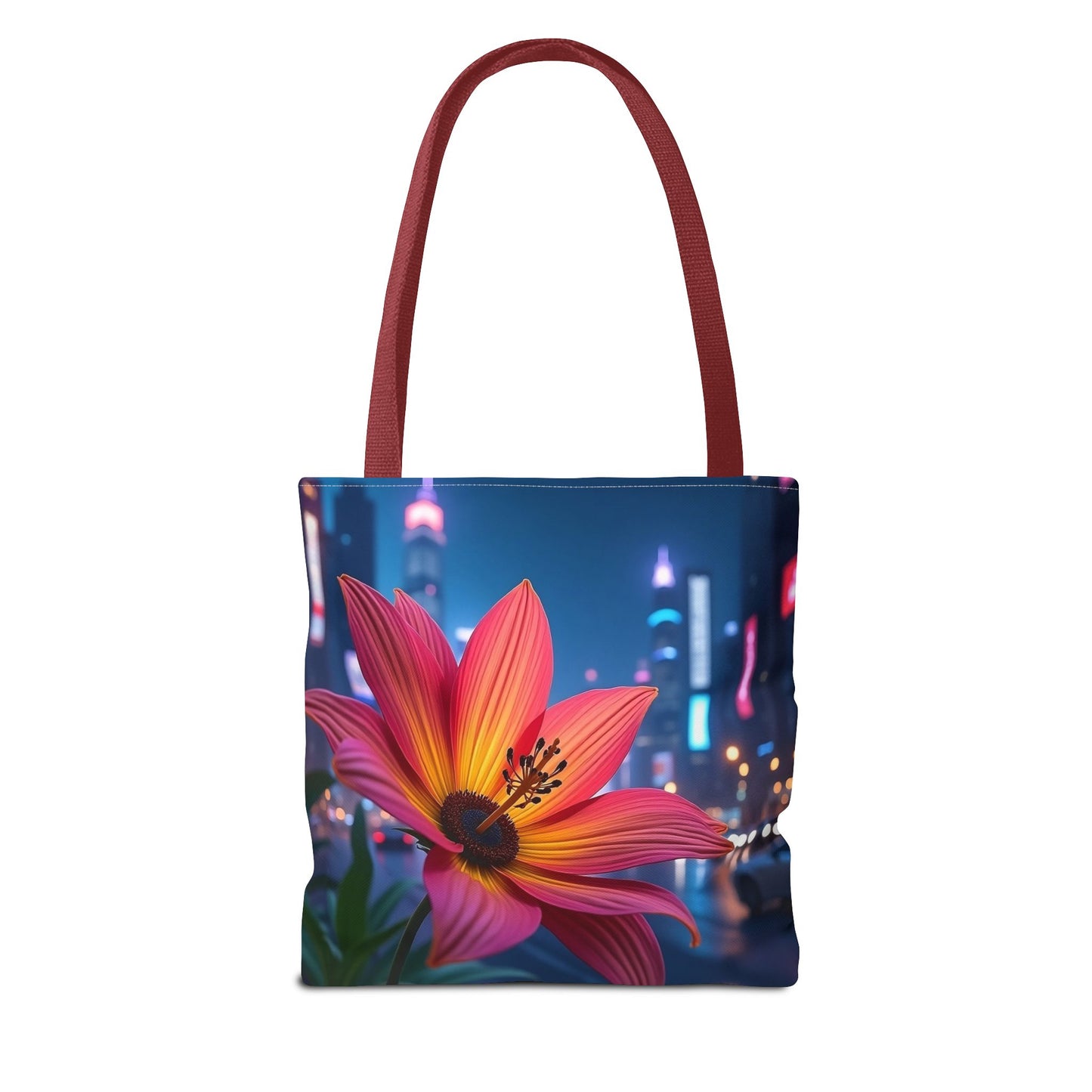 AI-Generated Flower in Neon Cityscape Tote Bag
