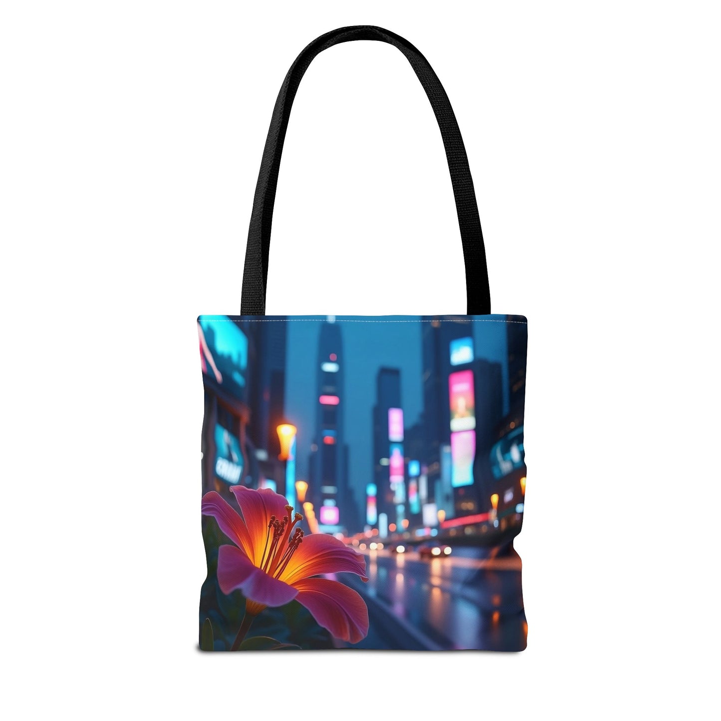 AI-Generated Flower in Neon Cityscape Tote Bag