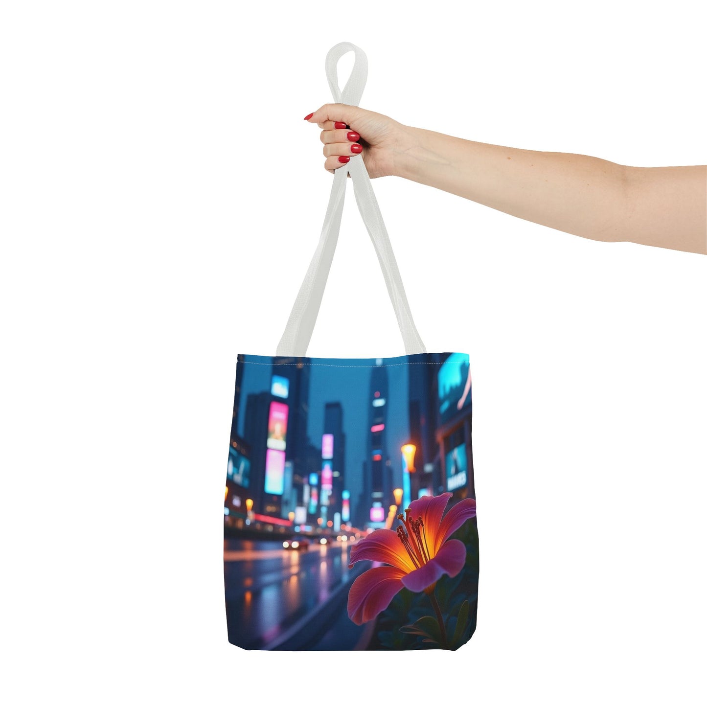 AI-Generated Flower in Neon Cityscape Tote Bag