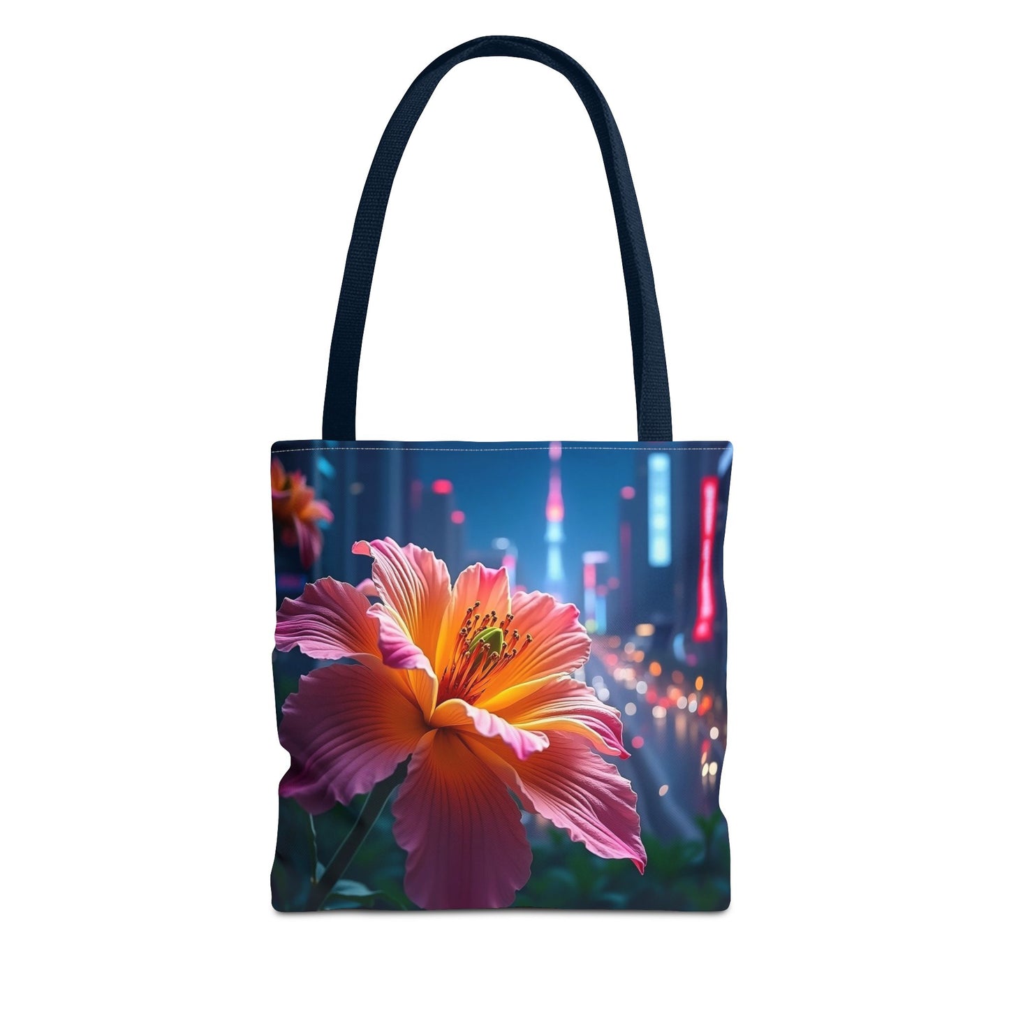 AI-Generated Flower in Neon Cityscape Tote Bag