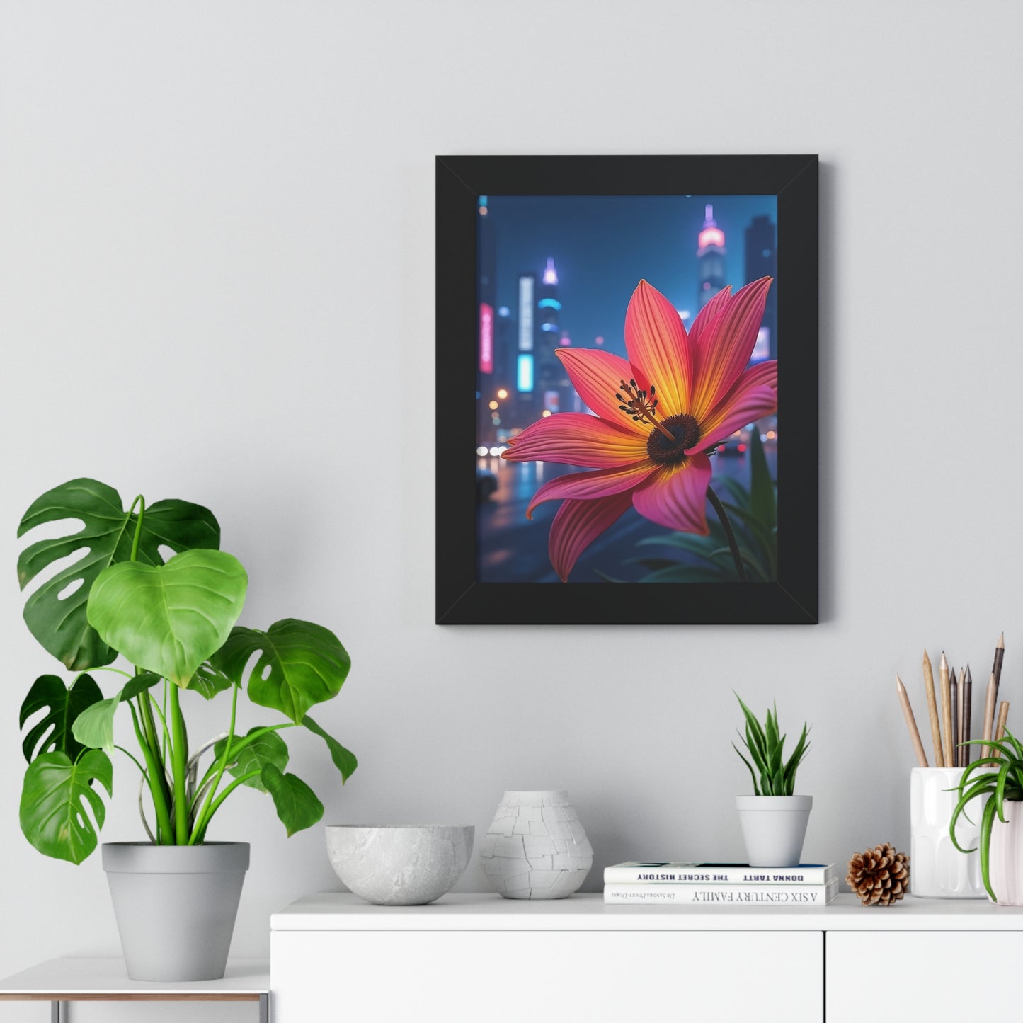 Framed Poster - AI-Generated Vivid Flower and Neon Cityscape Design
