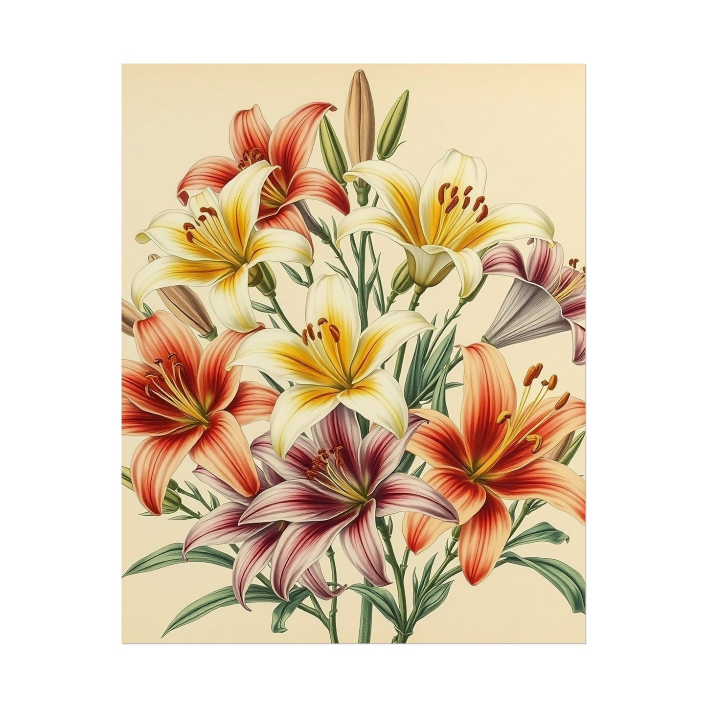 Poster Print - Vintage Red Yellow Orange Lilies