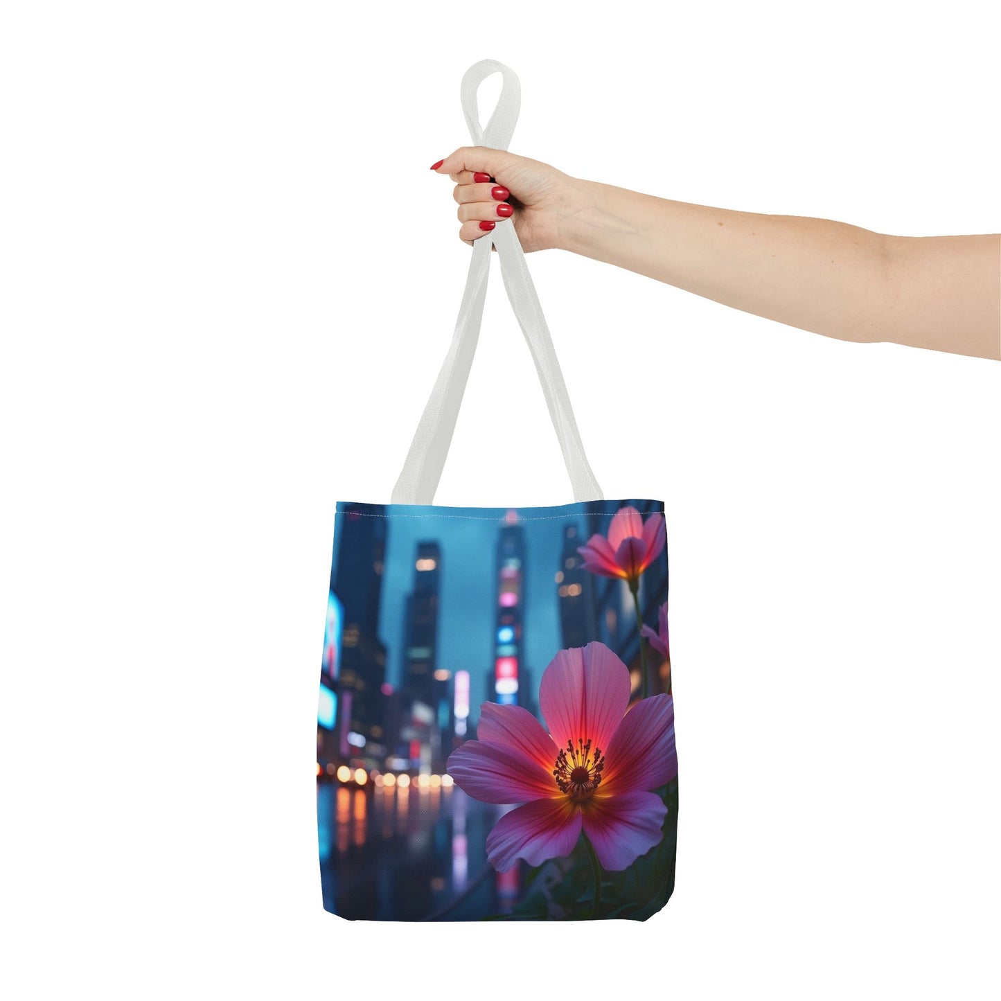 AI-Generated Flower in Neon Cityscape Tote Bag