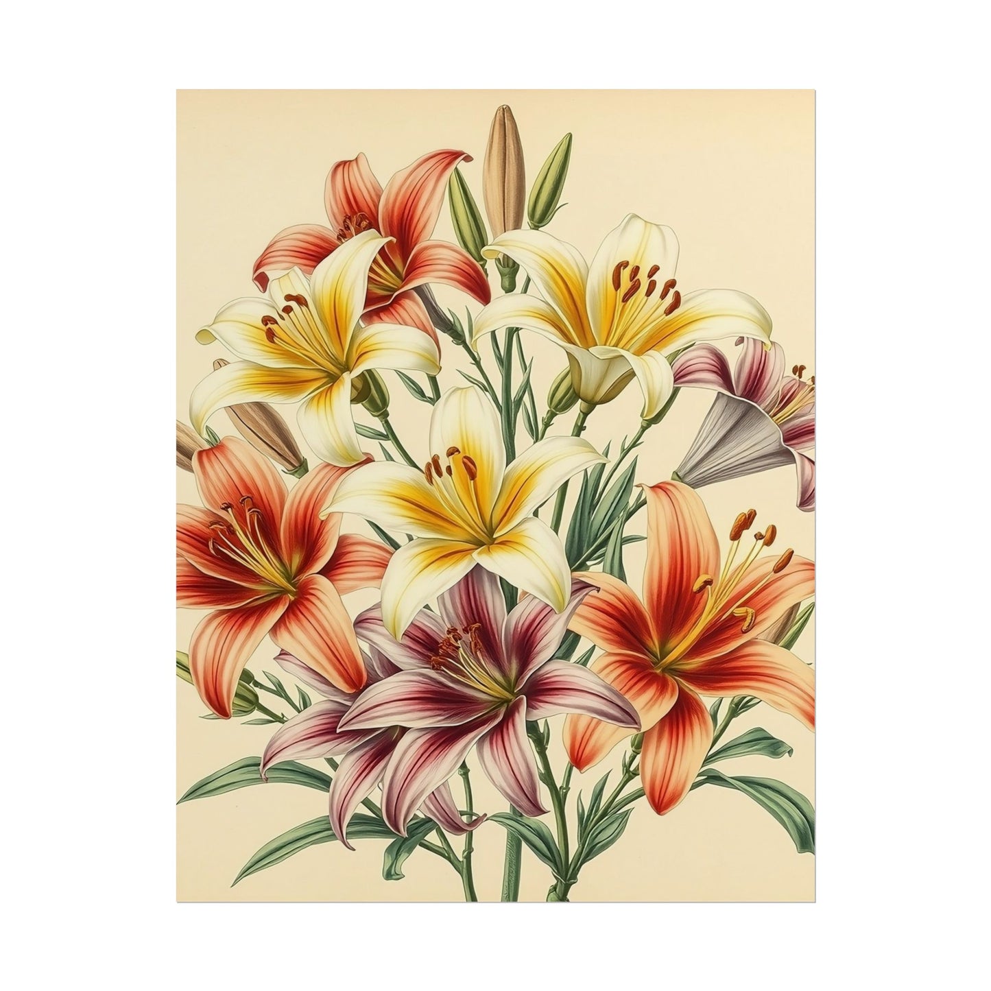 Poster Print - Vintage Red Yellow Orange Lilies