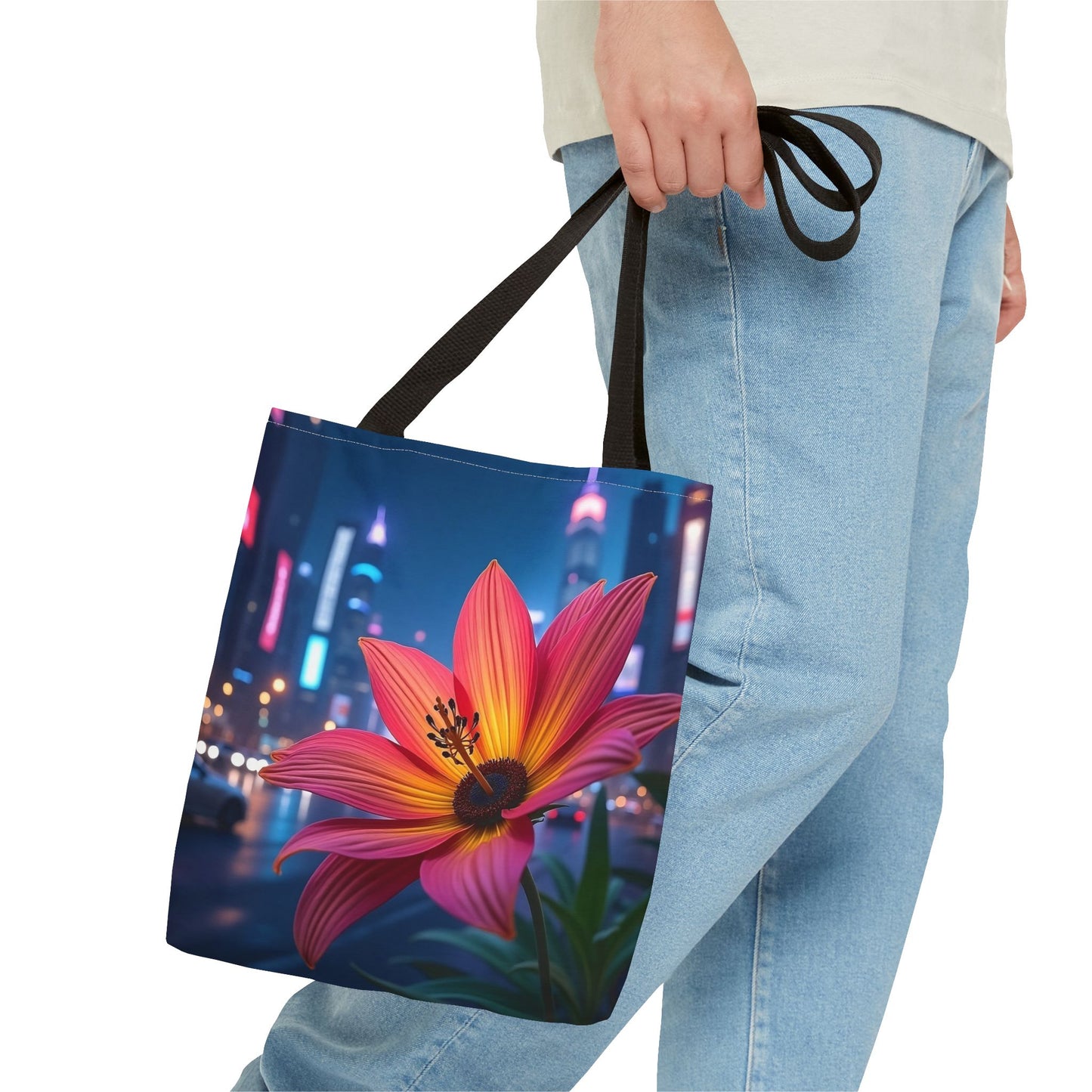 AI-Generated Flower in Neon Cityscape Tote Bag