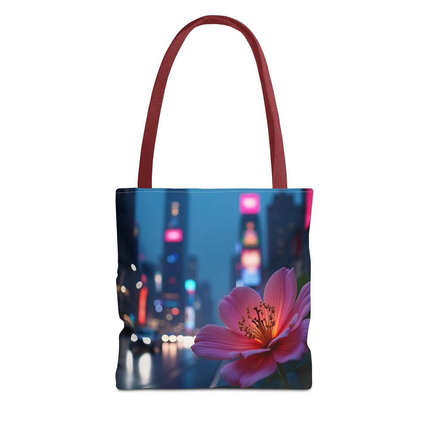 AI-Generated Flower in Neon Cityscape Tote Bag