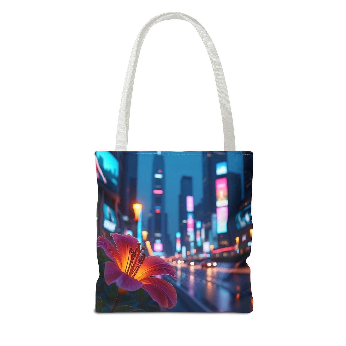 AI-Generated Flower in Neon Cityscape Tote Bag