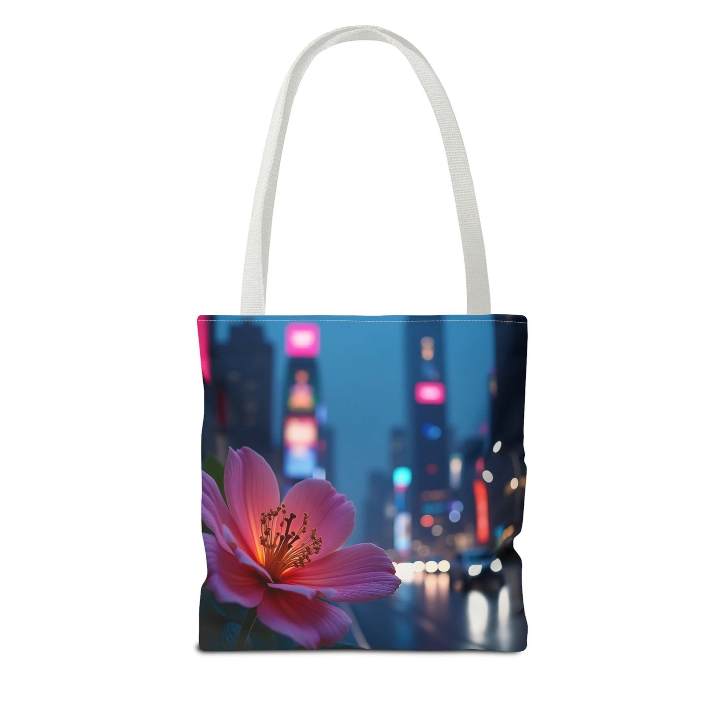 AI-Generated Flower in Neon Cityscape Tote Bag