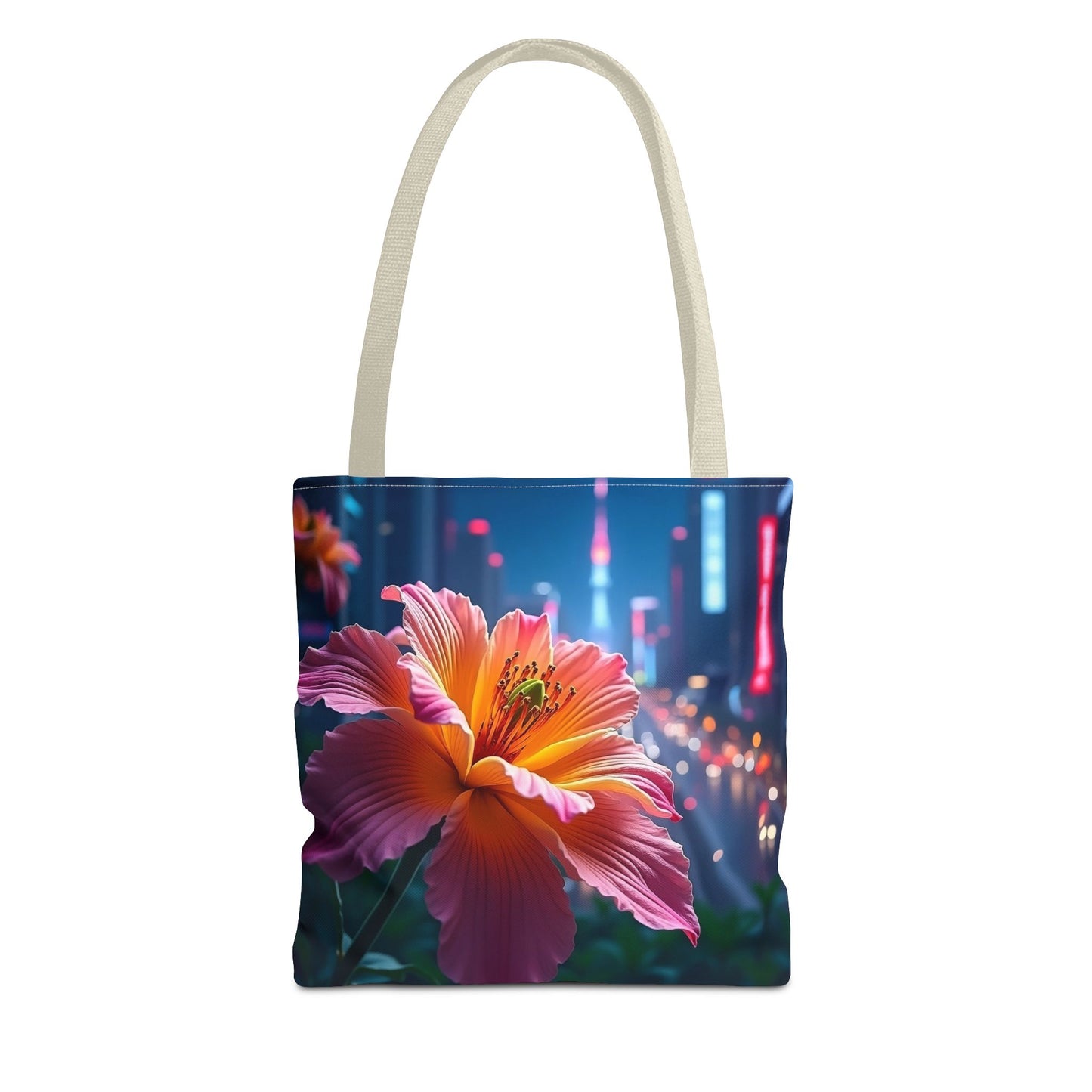 AI-Generated Flower in Neon Cityscape Tote Bag