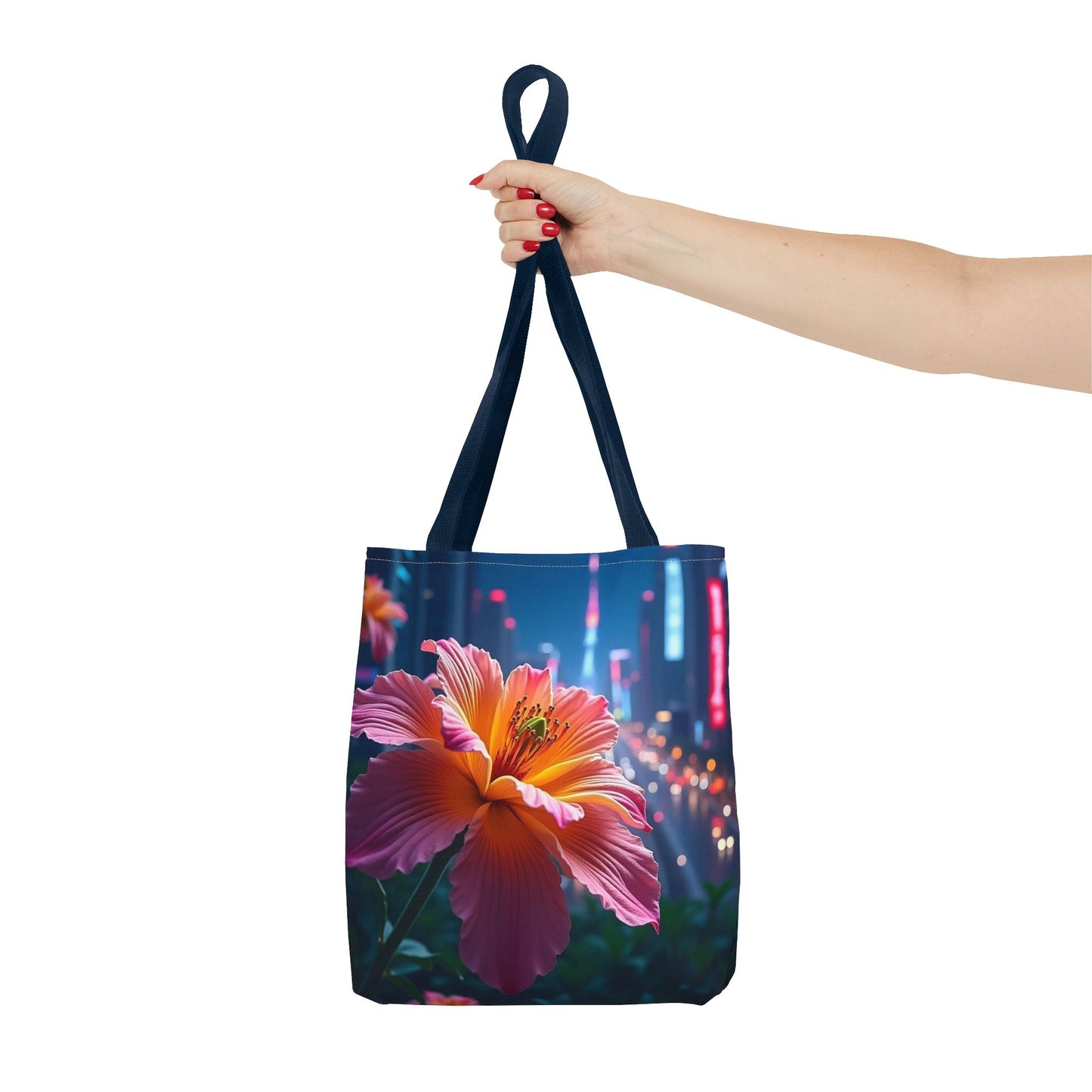 AI-Generated Flower in Neon Cityscape Tote Bag
