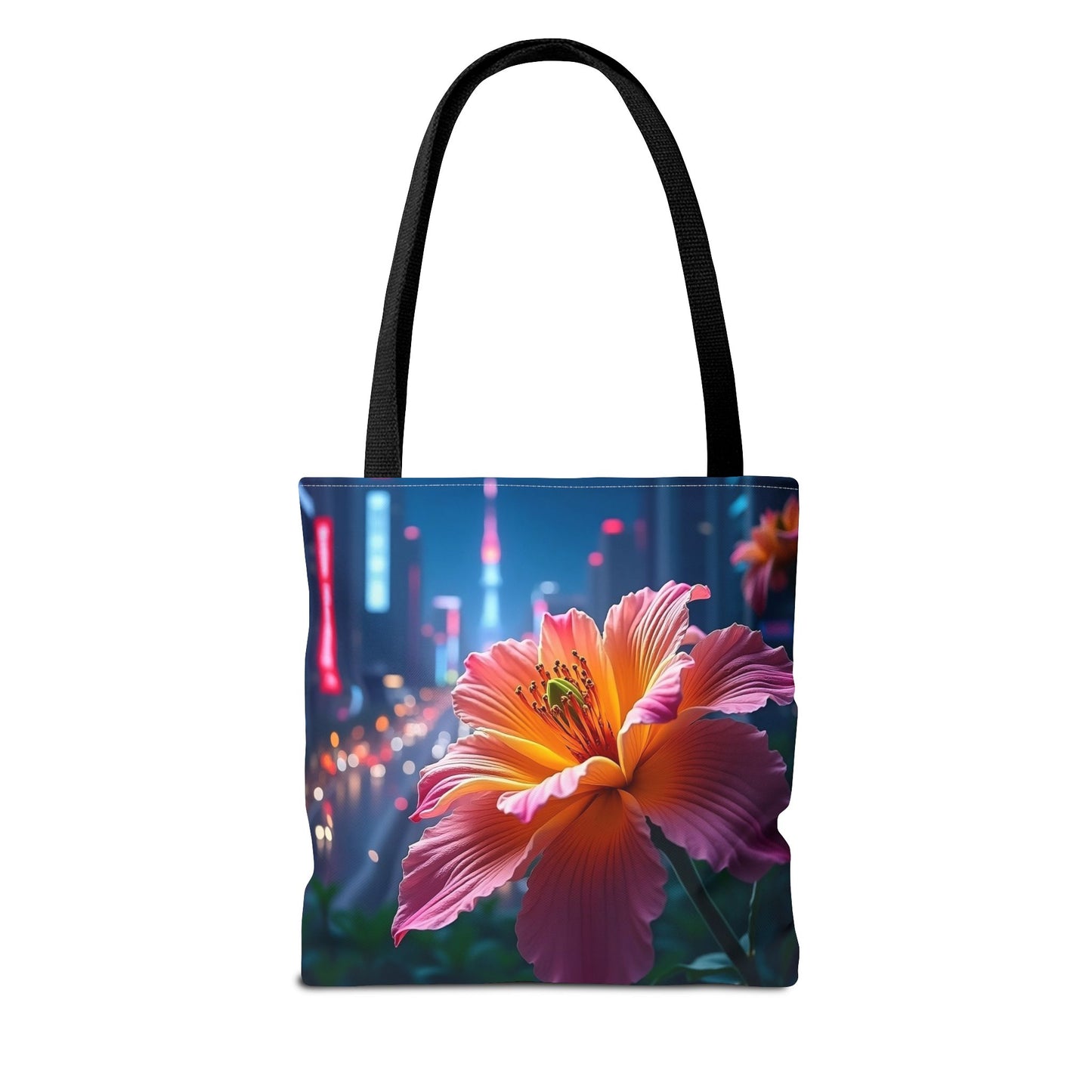 AI-Generated Flower in Neon Cityscape Tote Bag