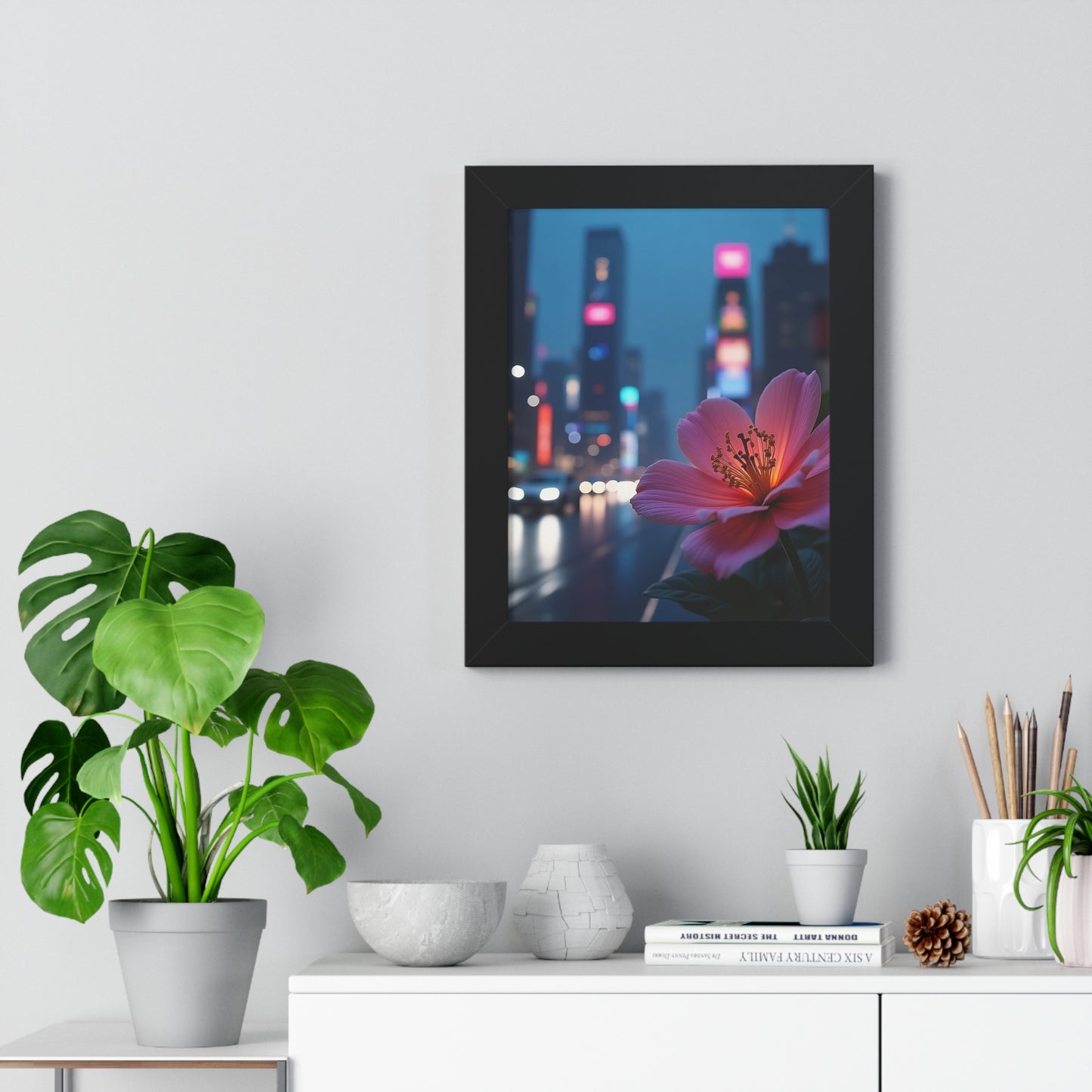 Framed Poster - AI-Generated Vivid Flower and Neon Cityscape Design