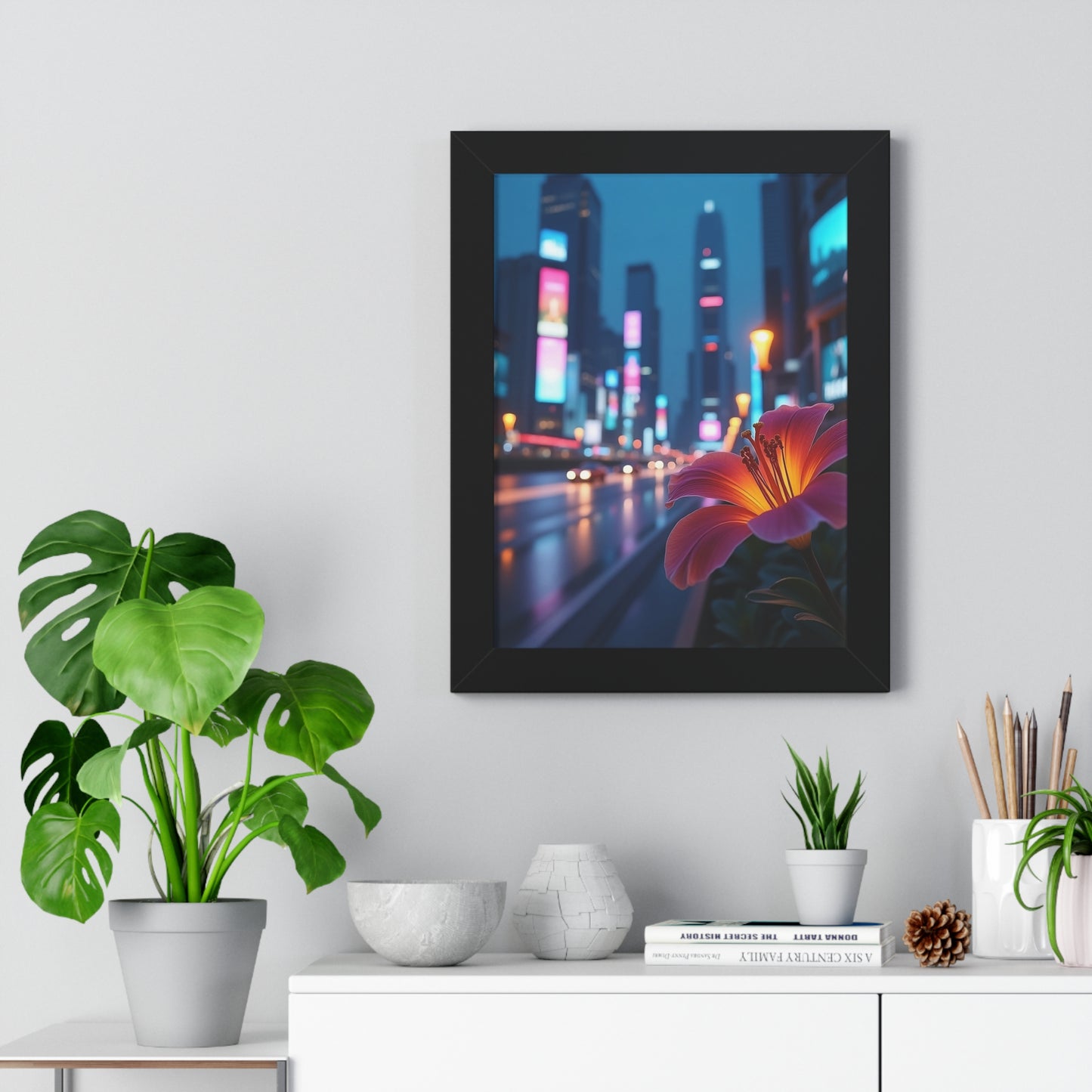 Framed Poster - AI-Generated Vivid Flower and Neon Cityscape Design