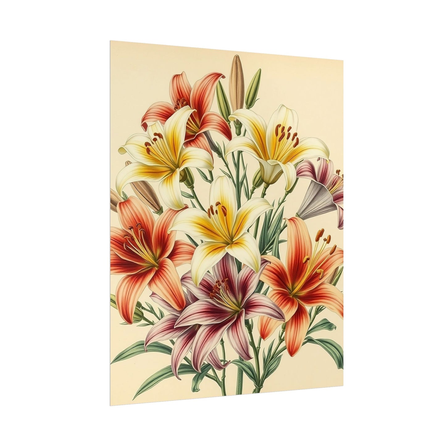 Poster Print - Vintage Red Yellow Orange Lilies