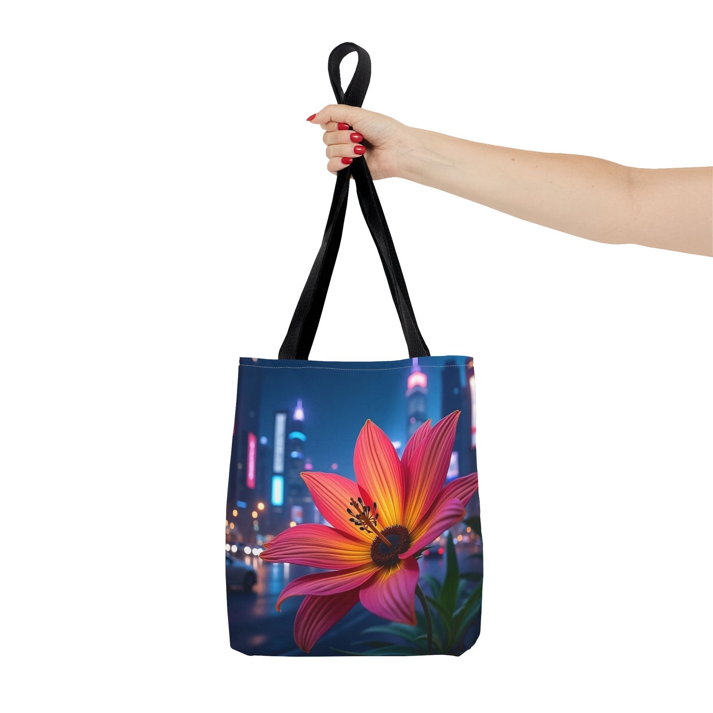 AI-Generated Flower in Neon Cityscape Tote Bag
