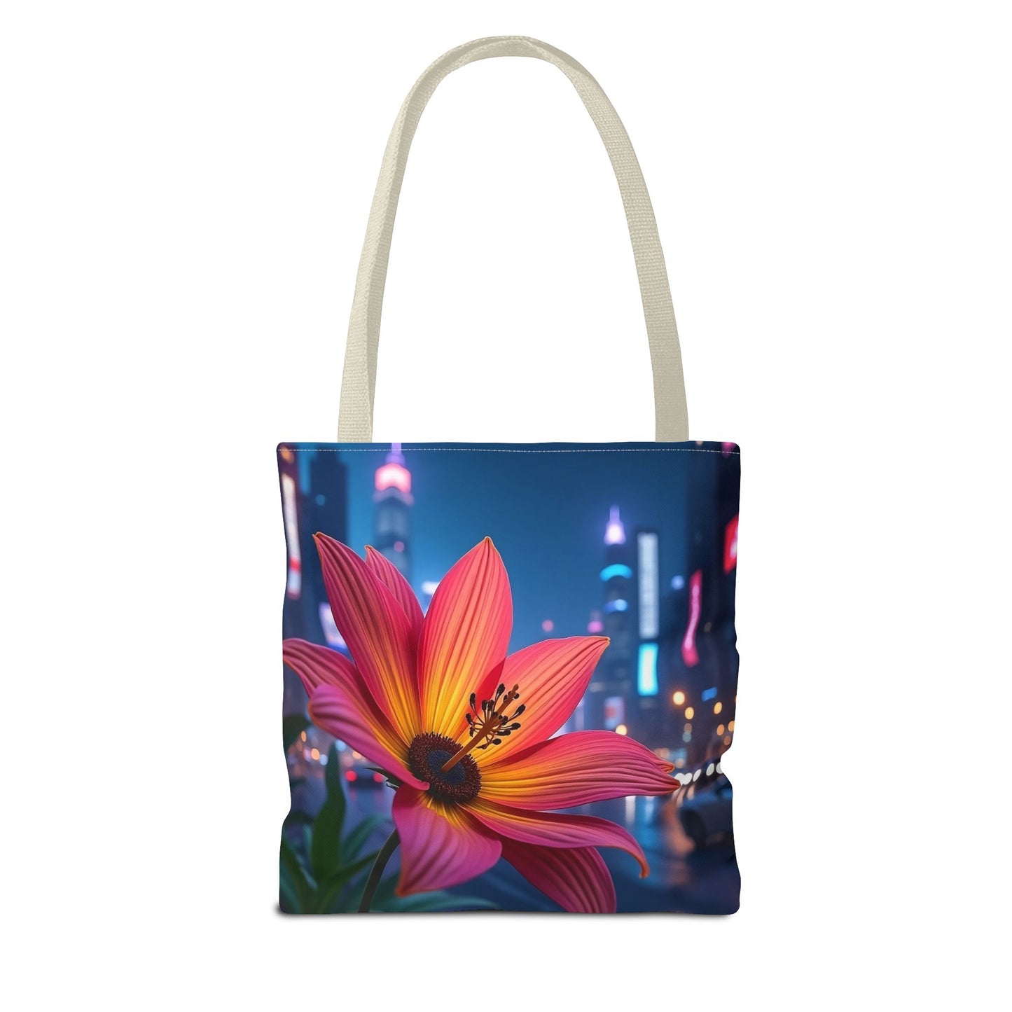 AI-Generated Flower in Neon Cityscape Tote Bag