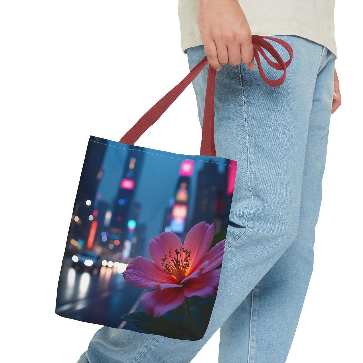 AI-Generated Flower in Neon Cityscape Tote Bag