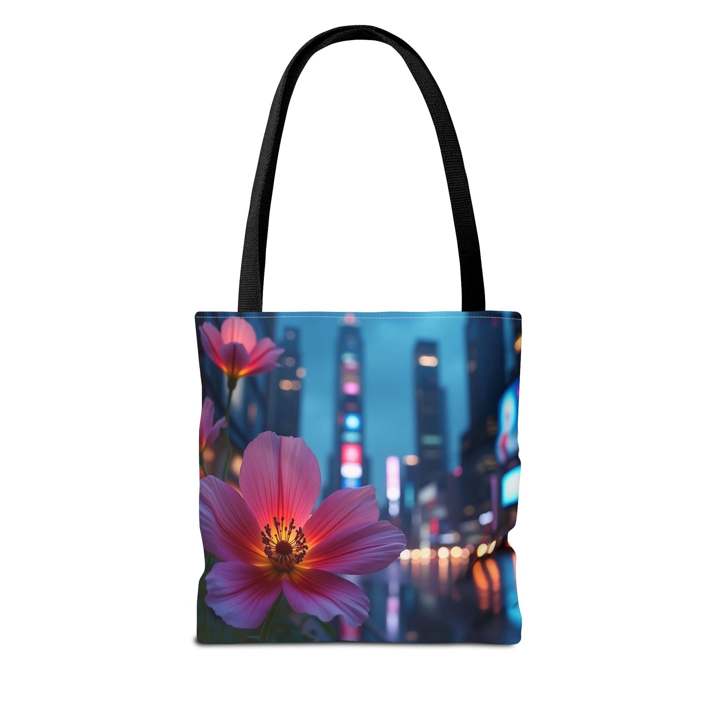 AI-Generated Flower in Neon Cityscape Tote Bag