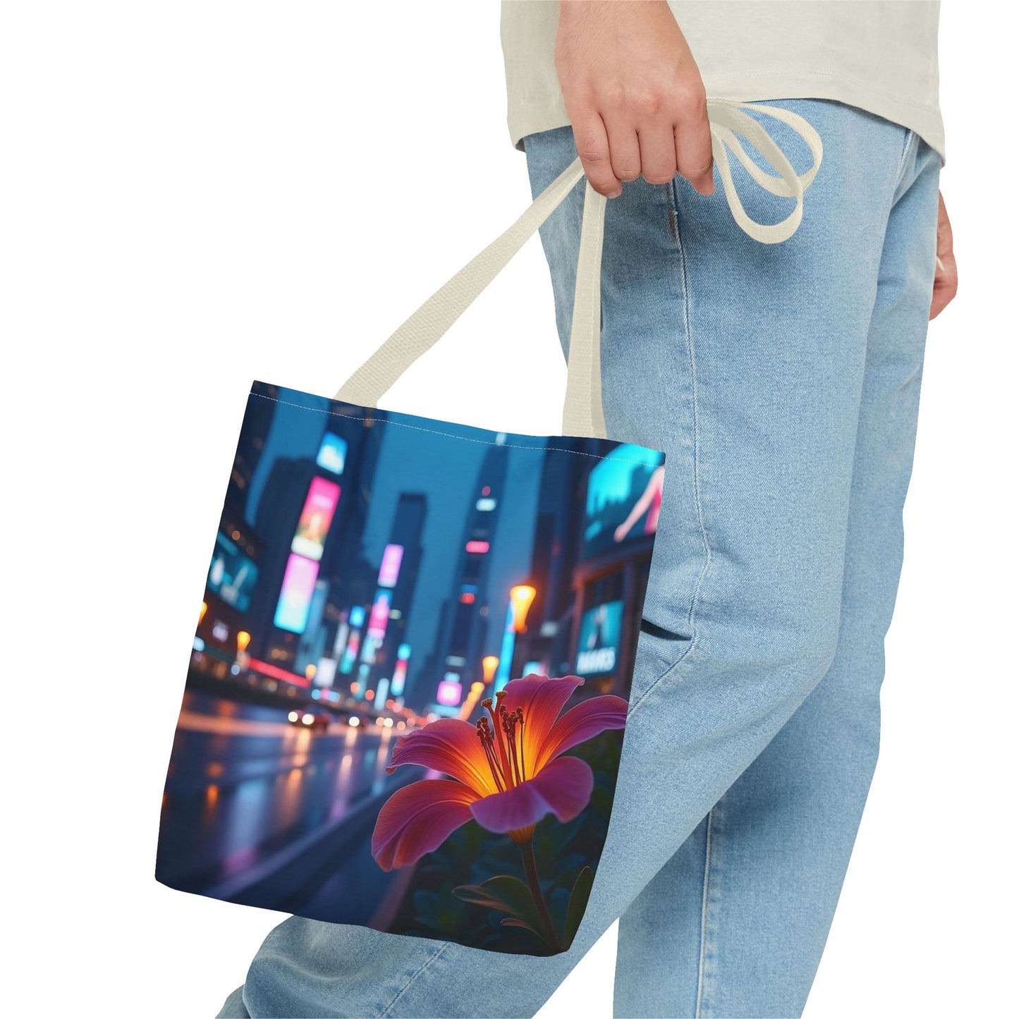 AI-Generated Flower in Neon Cityscape Tote Bag