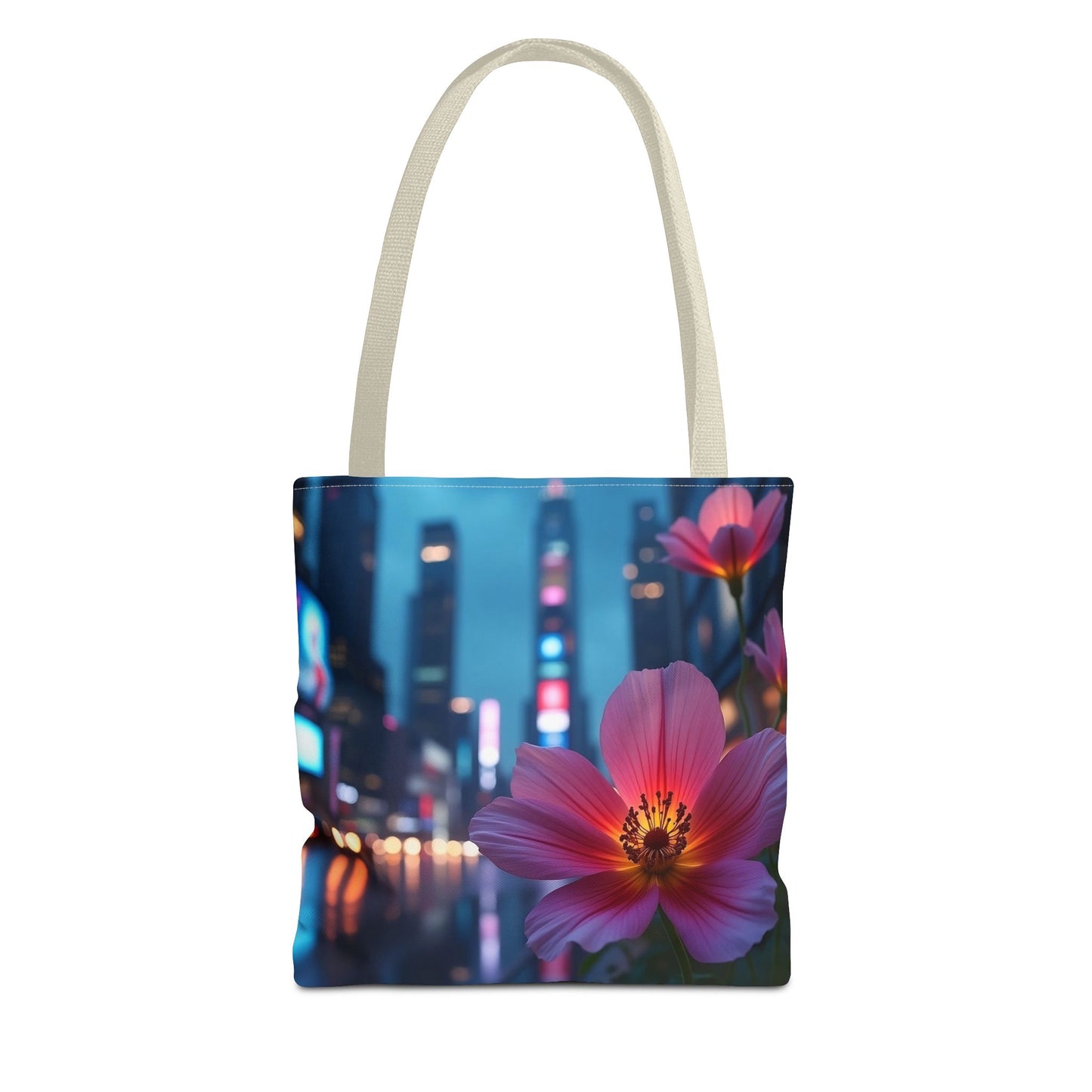AI-Generated Flower in Neon Cityscape Tote Bag