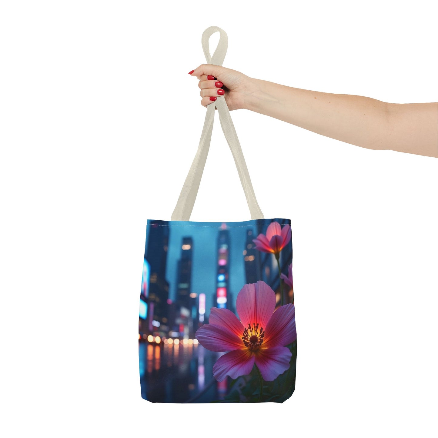 AI-Generated Flower in Neon Cityscape Tote Bag