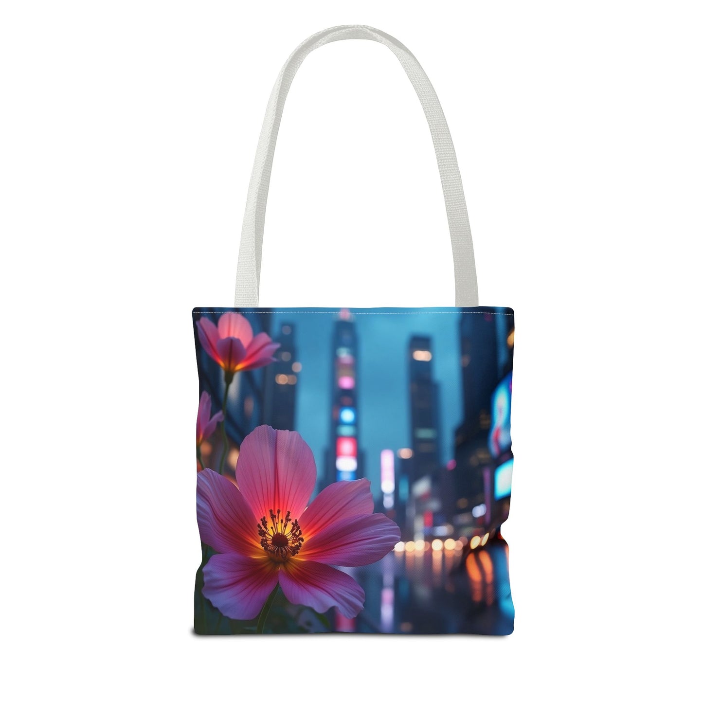 AI-Generated Flower in Neon Cityscape Tote Bag