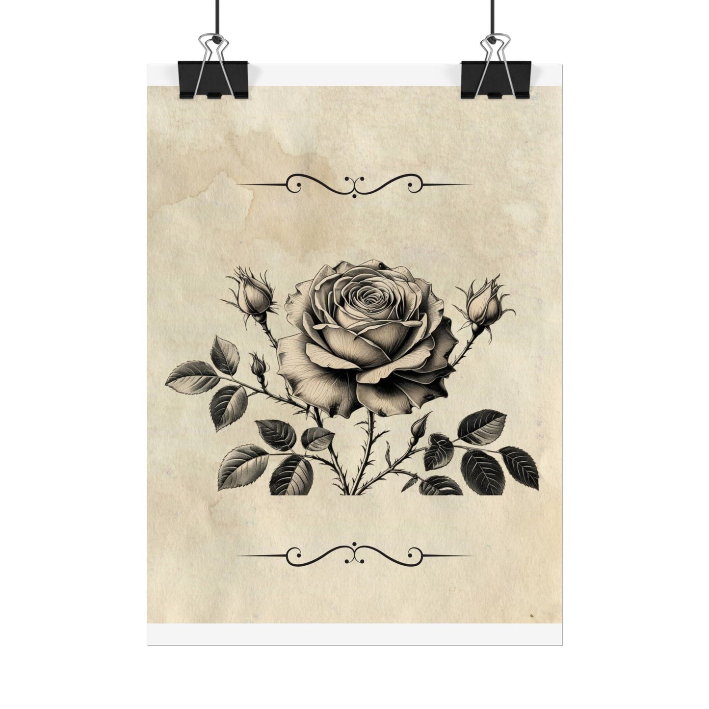 Poster Print - Vintage Black and Grey Rose Design