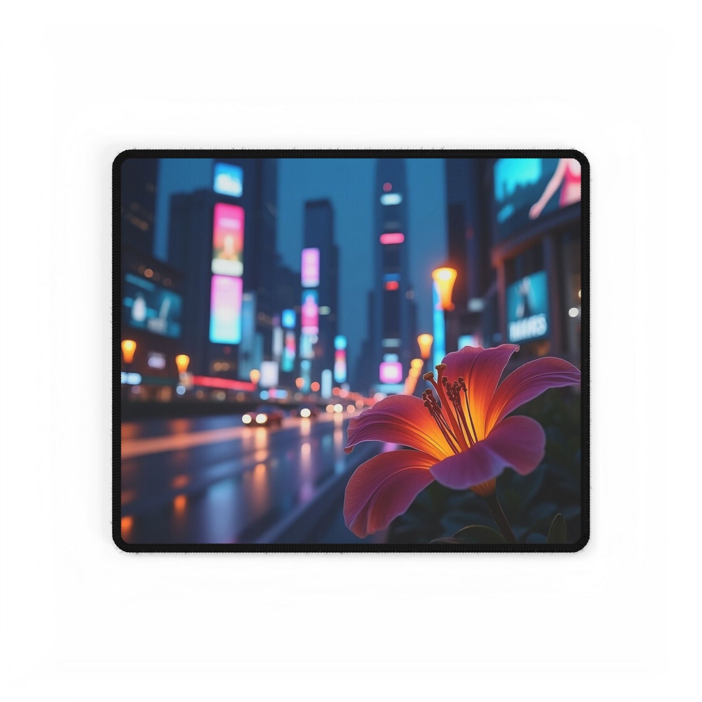 Desk Mat - AI-Generated Vivid Flower with Neon Cityscape Background