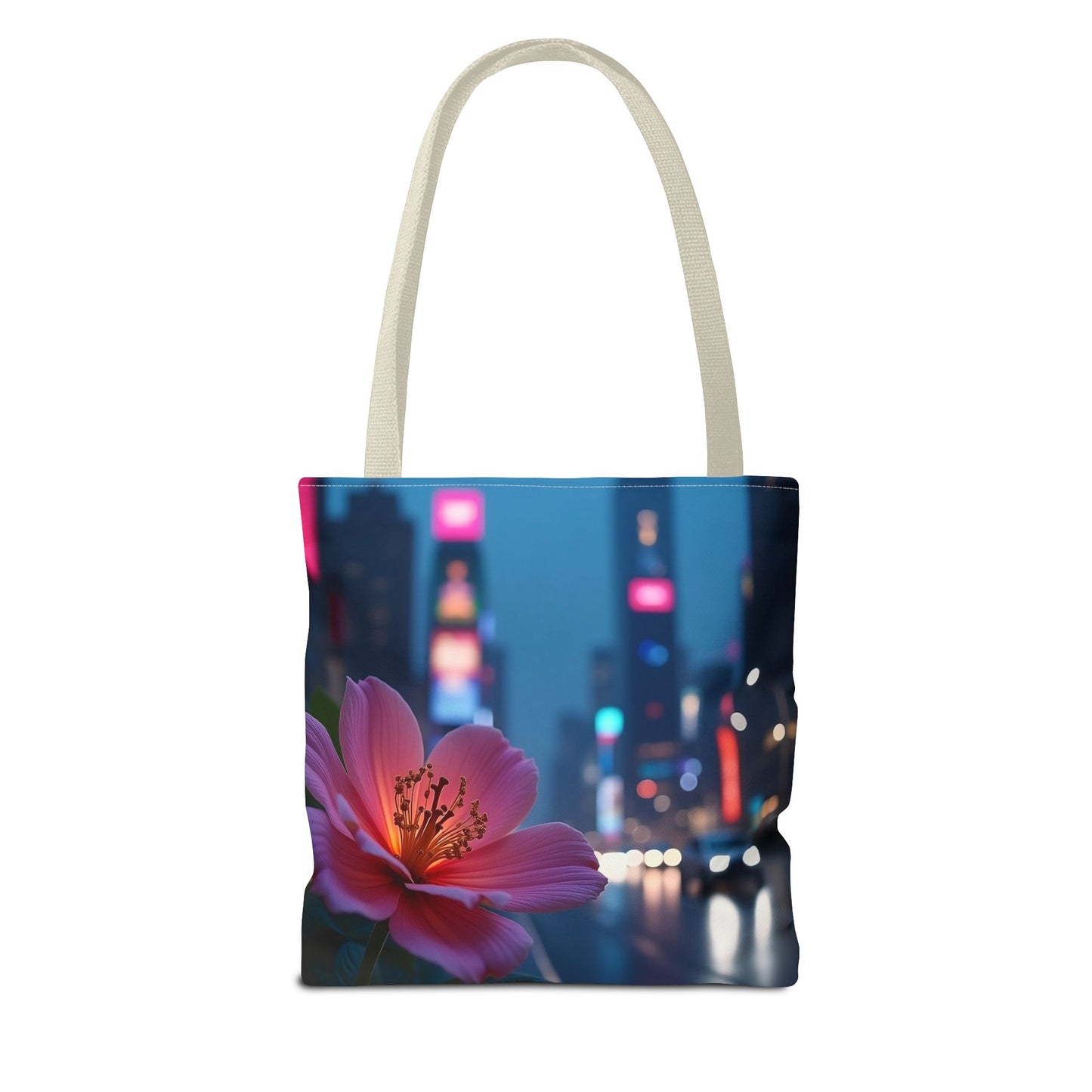 AI-Generated Flower in Neon Cityscape Tote Bag