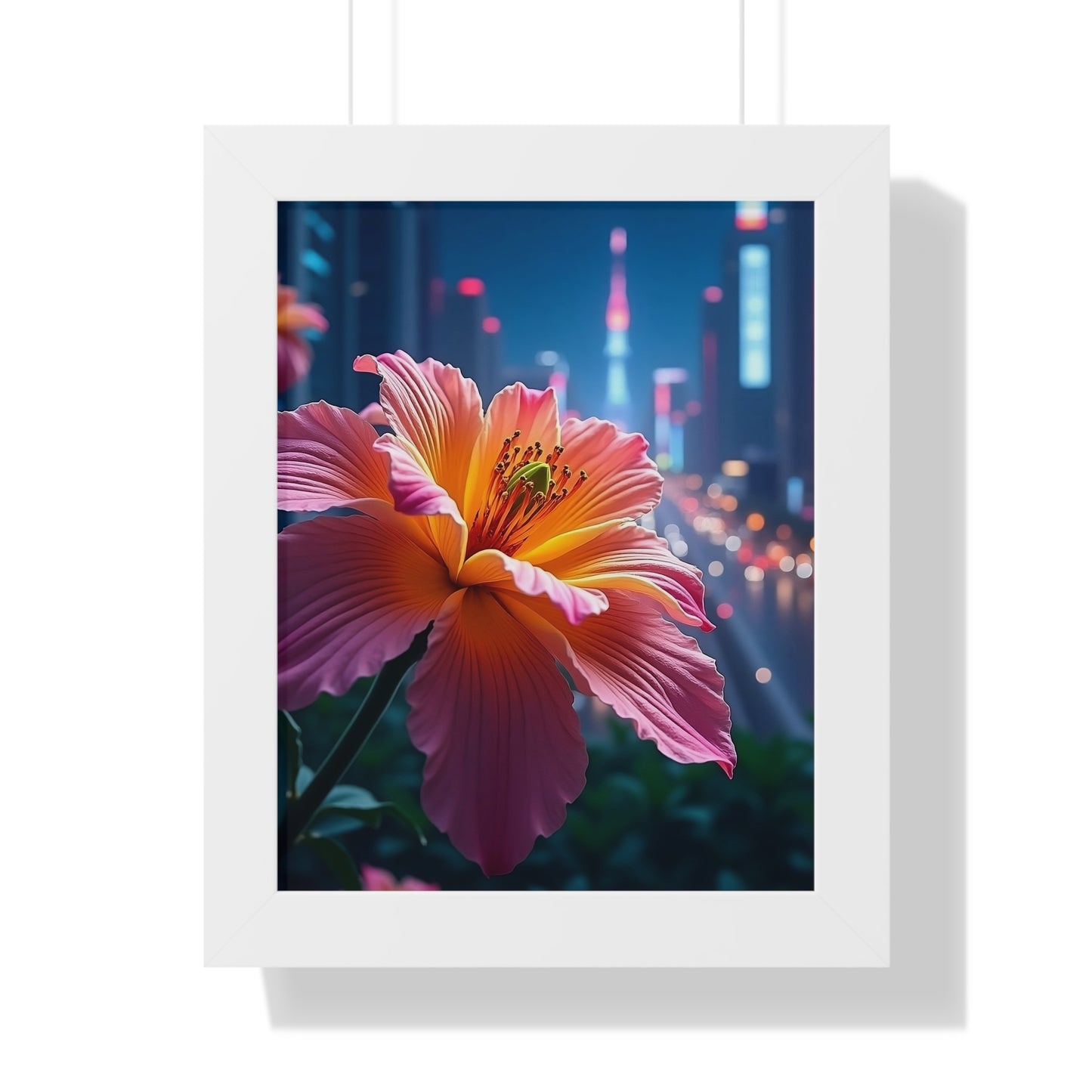 Framed Poster - AI-Generated Vivid Flower and Neon Cityscape Design