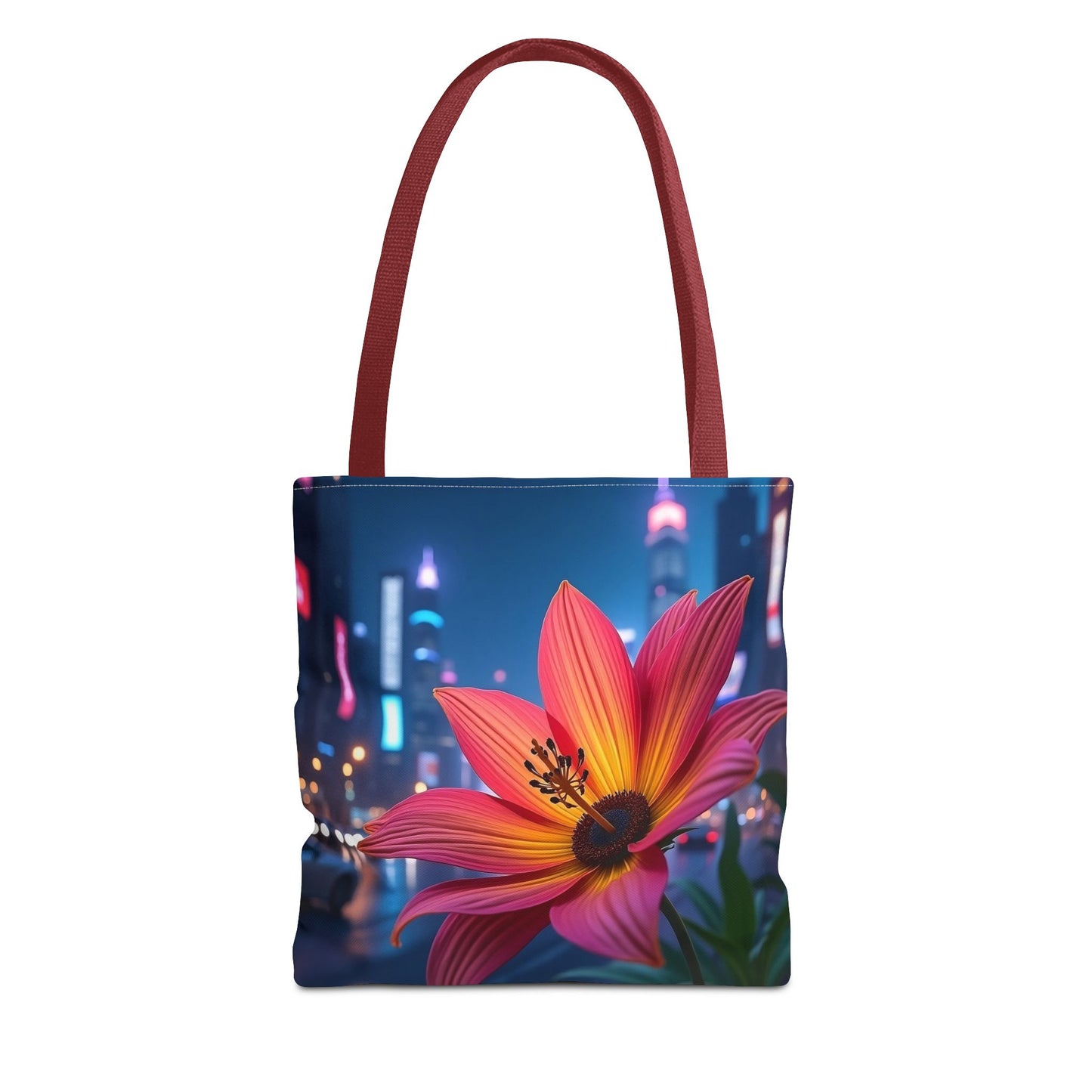 AI-Generated Flower in Neon Cityscape Tote Bag