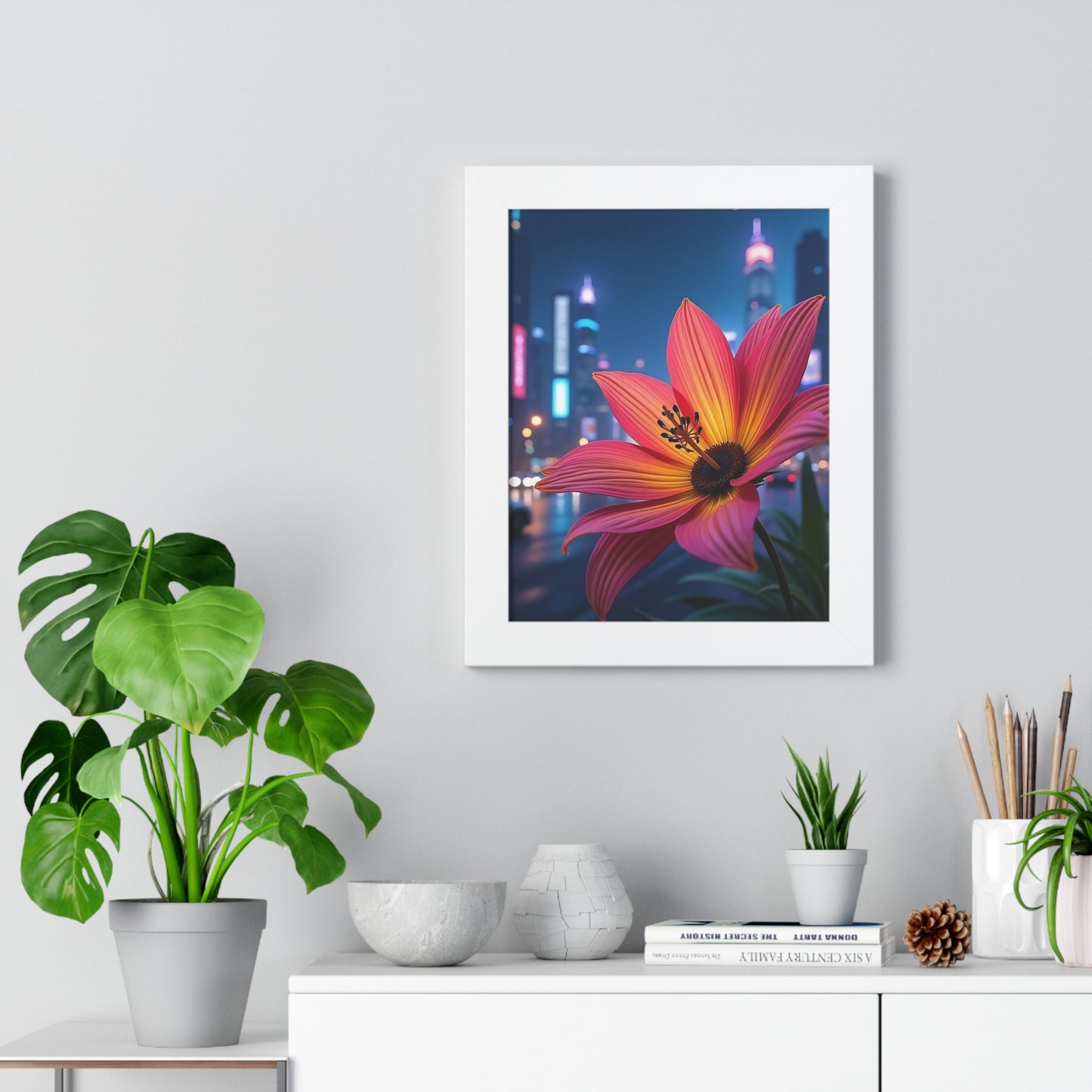 Framed Poster - AI-Generated Vivid Flower and Neon Cityscape Design