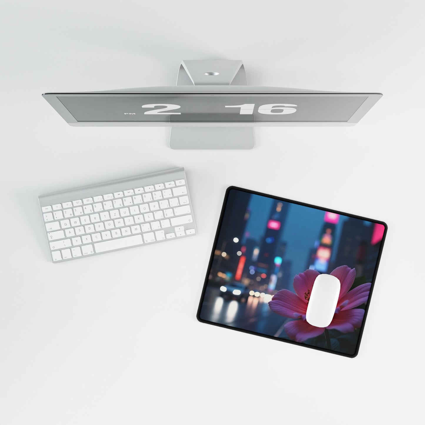 Desk Mat - AI-Generated Vivid Flower with Neon Cityscape Background