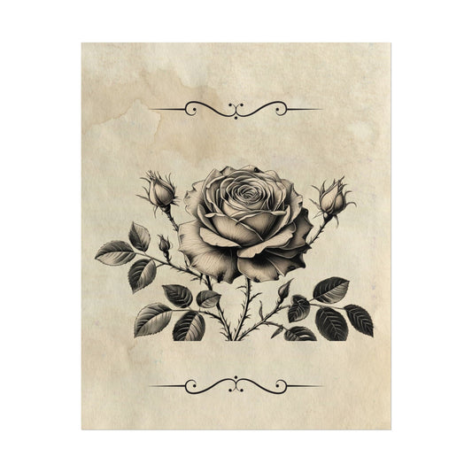Poster Print - Vintage Black and Grey Rose Design
