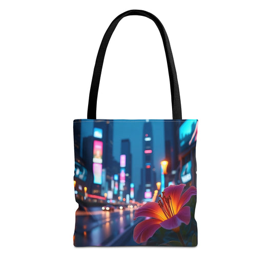 AI-Generated Flower in Neon Cityscape Tote Bag
