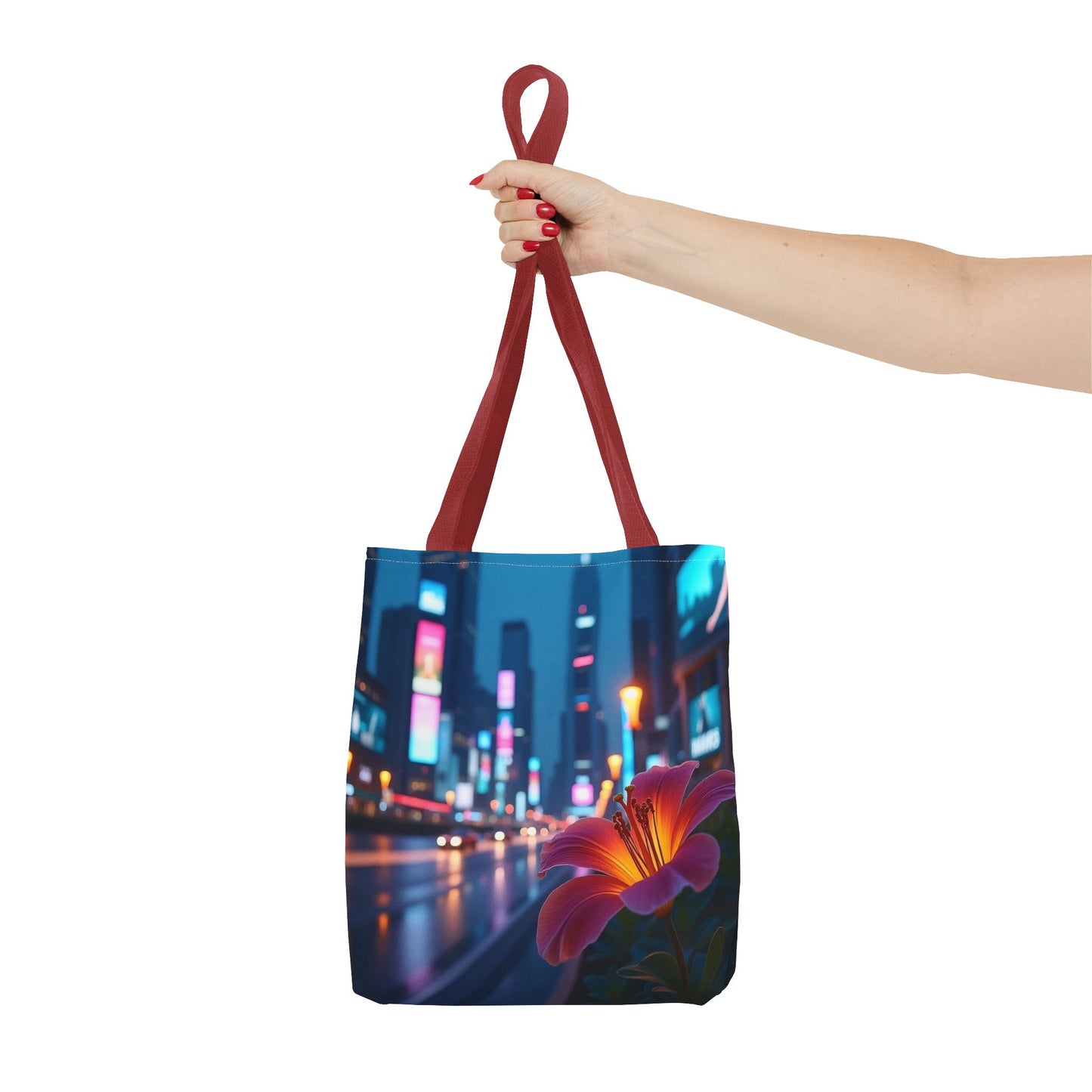 AI-Generated Flower in Neon Cityscape Tote Bag