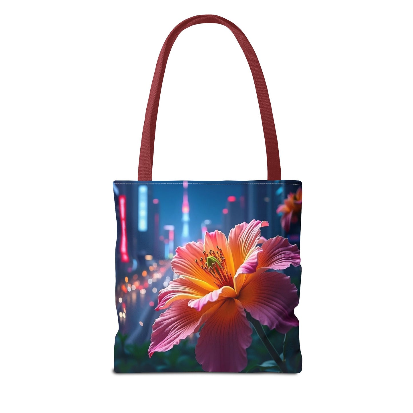 AI-Generated Flower in Neon Cityscape Tote Bag